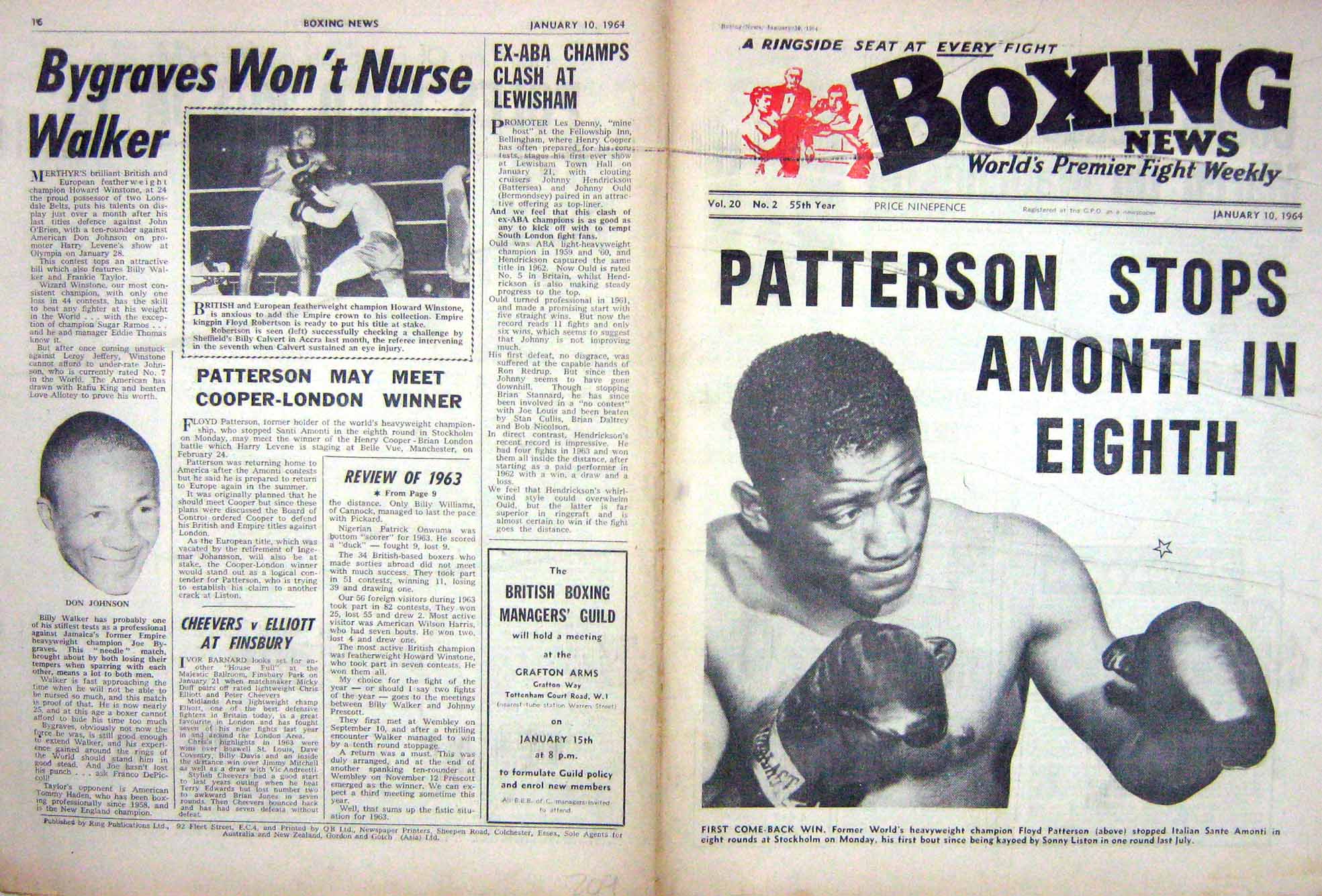 Old Vintage Print Boxing 1964 Patterson Winstone Prescott Walker Liston 20th