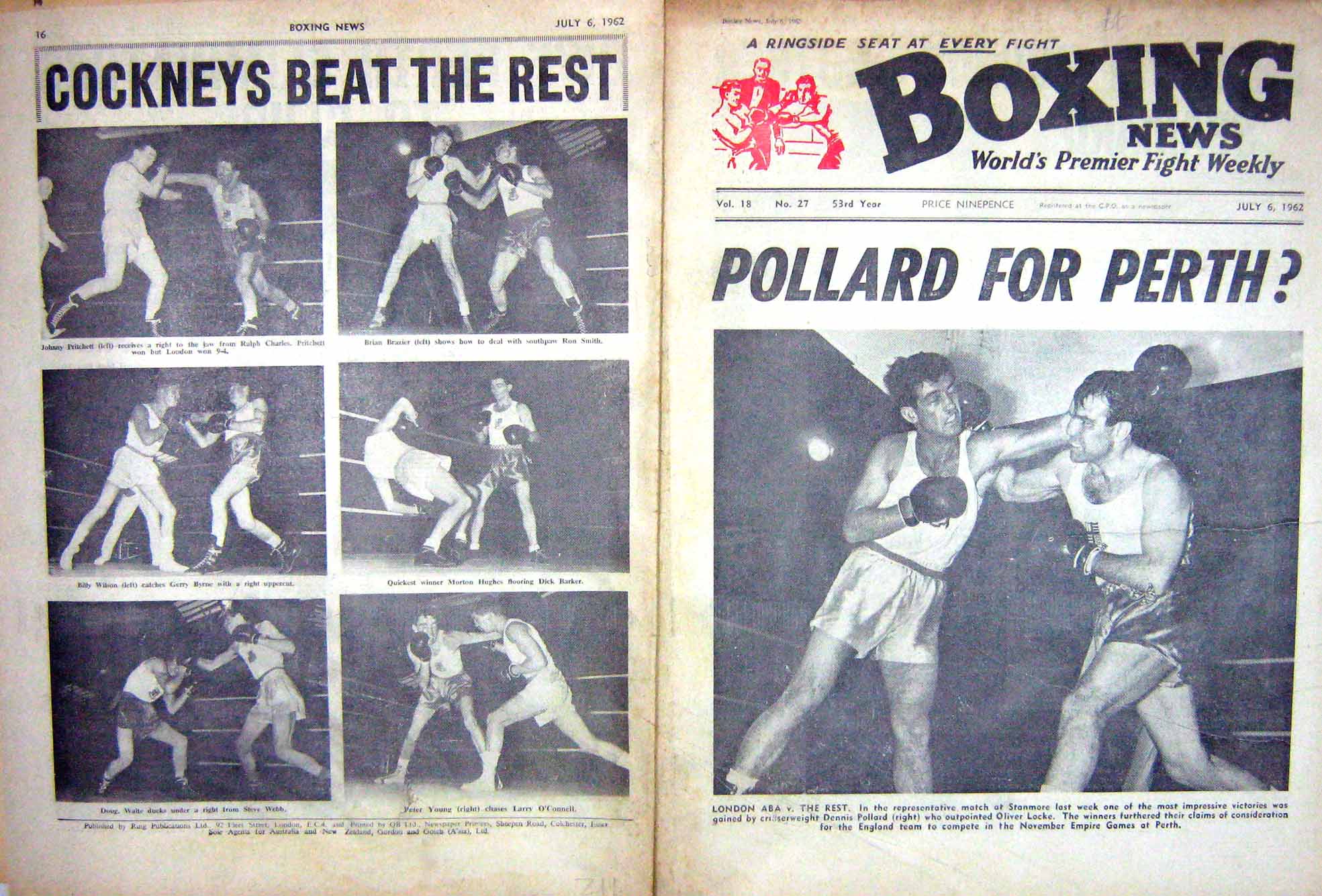 Antique Old Print Boxing 1962 Pollard Locke Pritchett Wilson Brazier Ross 20th