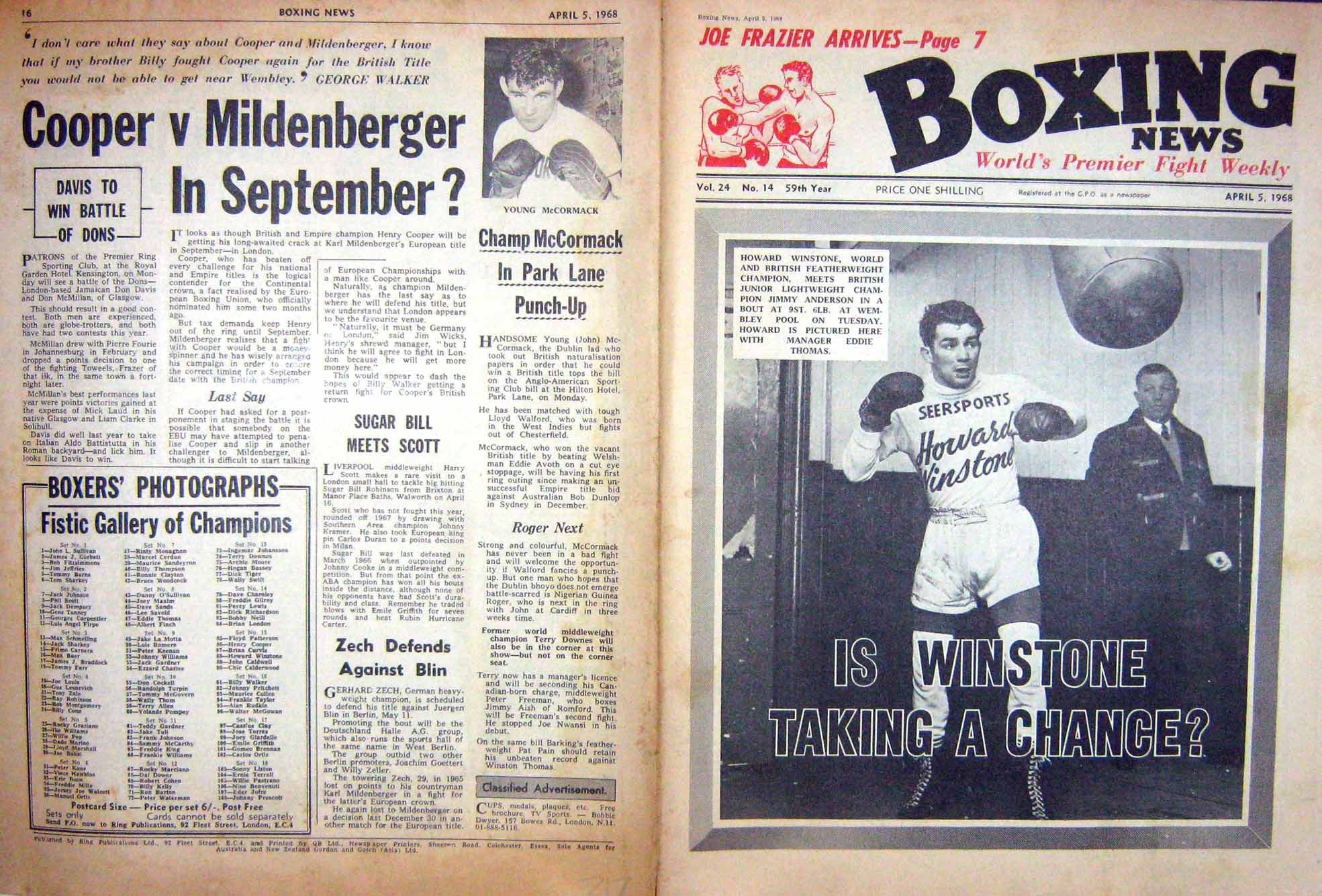 Antique Old Print Boxing 1968 Winstone Thomas Mccormack Mccluskey Charles 20th