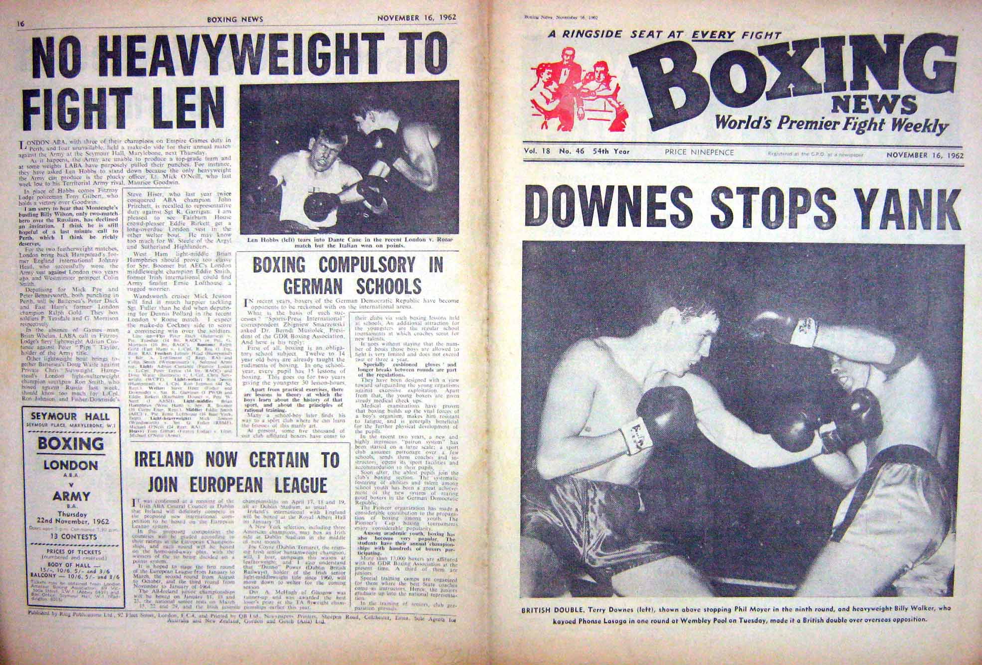 Original Old Vintage Print Boxing 1962 Downes Moyer Hobbs Cane Gibbs Walker