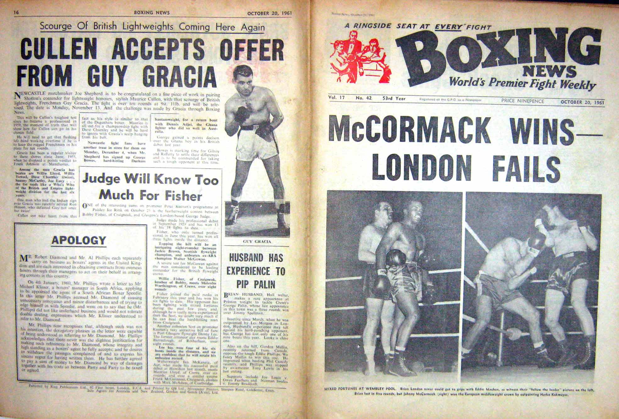 Original Old Vintage Print Boxing 1961 London Machen Mccormack Gracia Kokmeyer