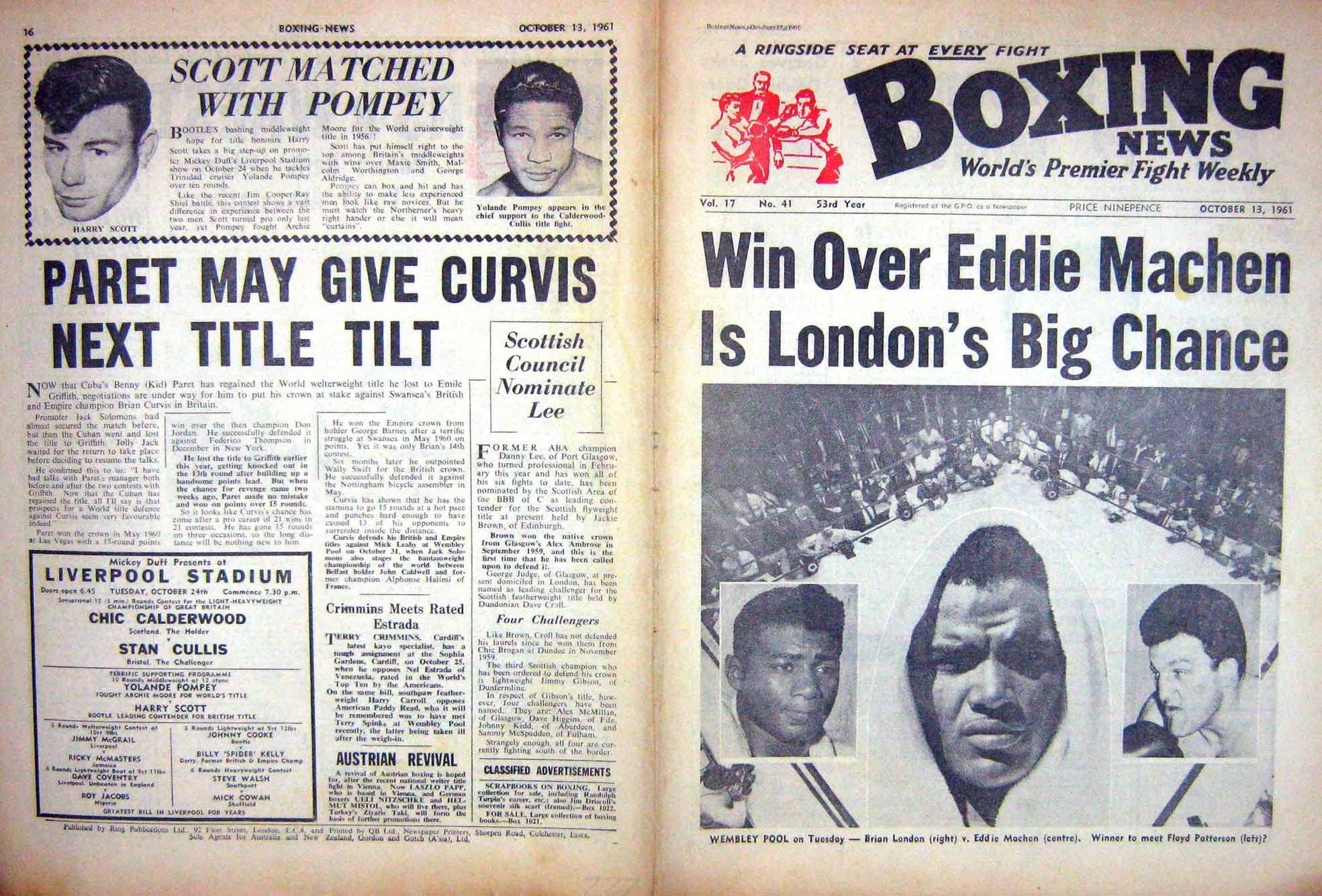 Old Vintage Print Boxing 1961 Brian London Machen Patterson Pompey Scott 20th