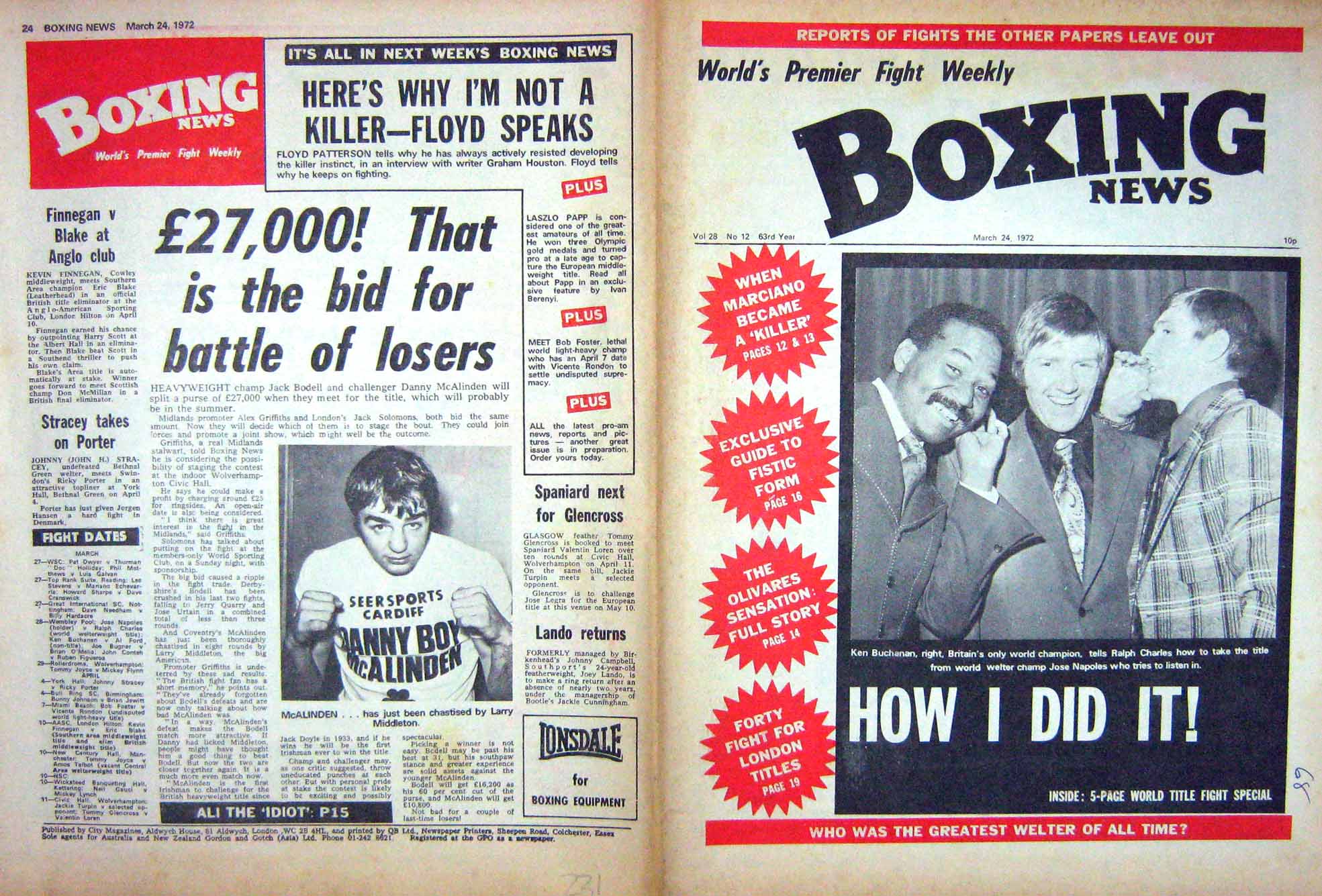 Antique Old Print Boxing 1972 Buchanan Charles Napoles Mcalinden Marciano 20th