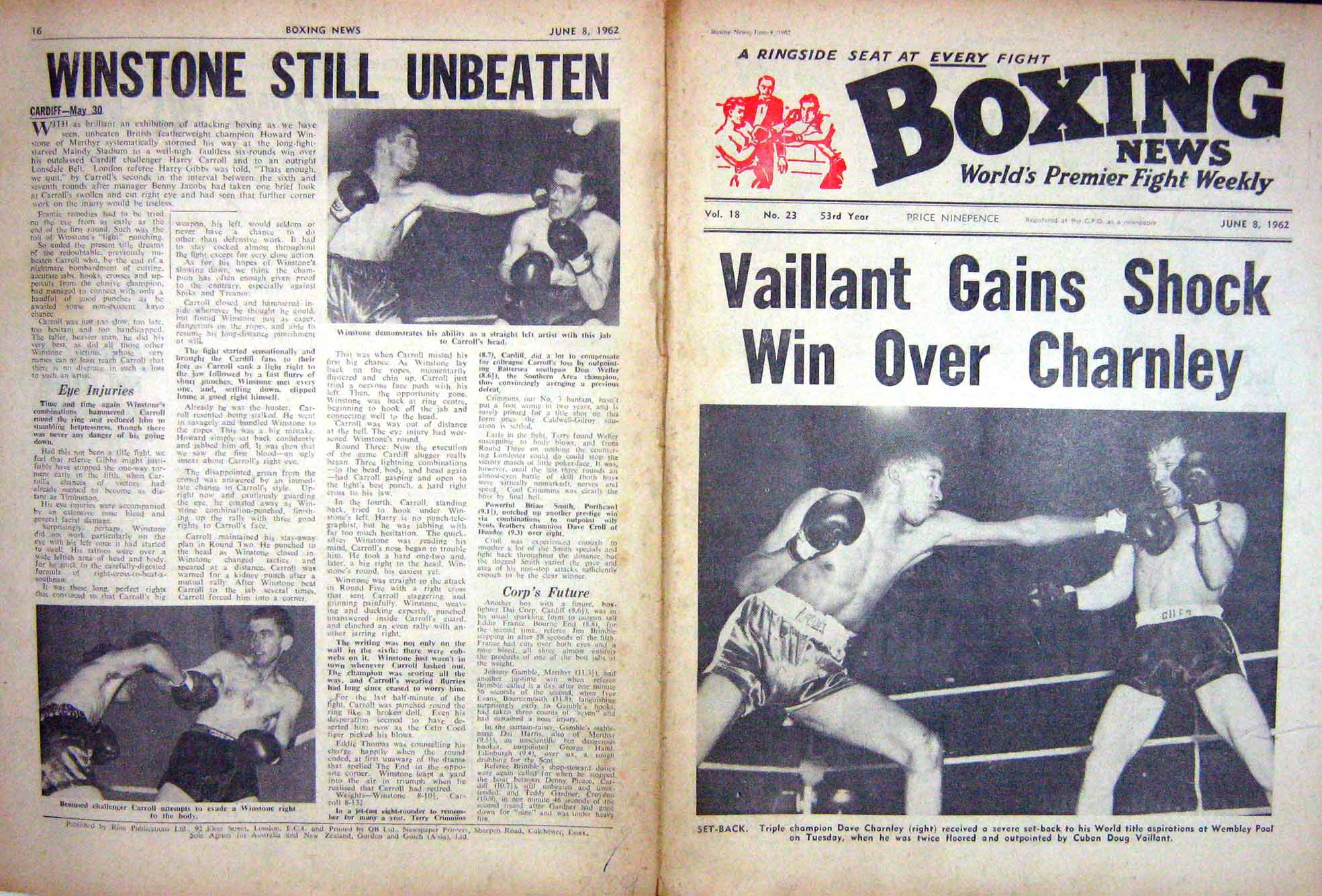 Old Vintage Print Boxing 1962 Charnley Vaillant Winstone Carroll Gilroy 20th