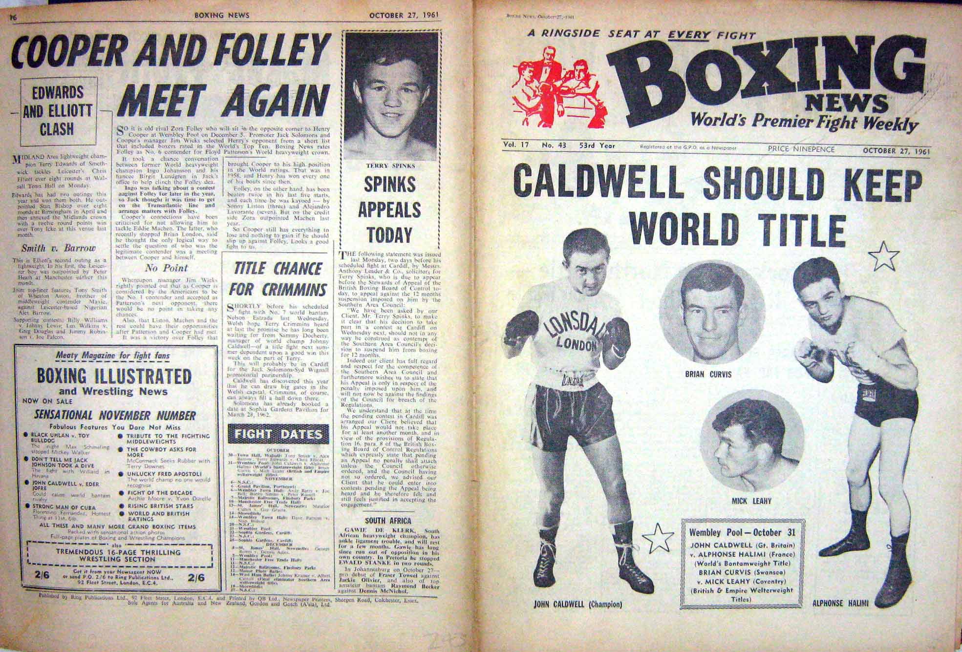 Old Vintage Print Boxing 1961 Caldwell Halimi Brian Curvis Leahy Spinks 20th