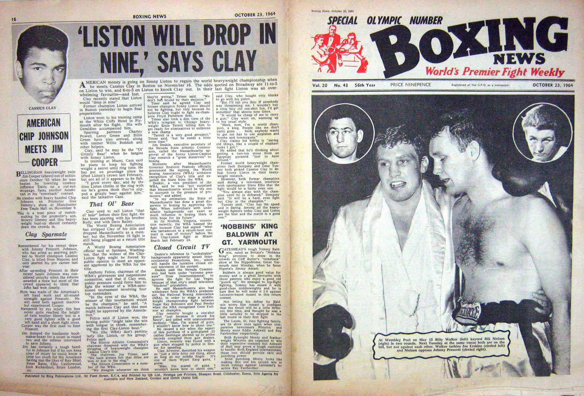 Old Vintage Print Boxing 1964 Walker Nielsen Erskine Prescott Clay Mack 20th