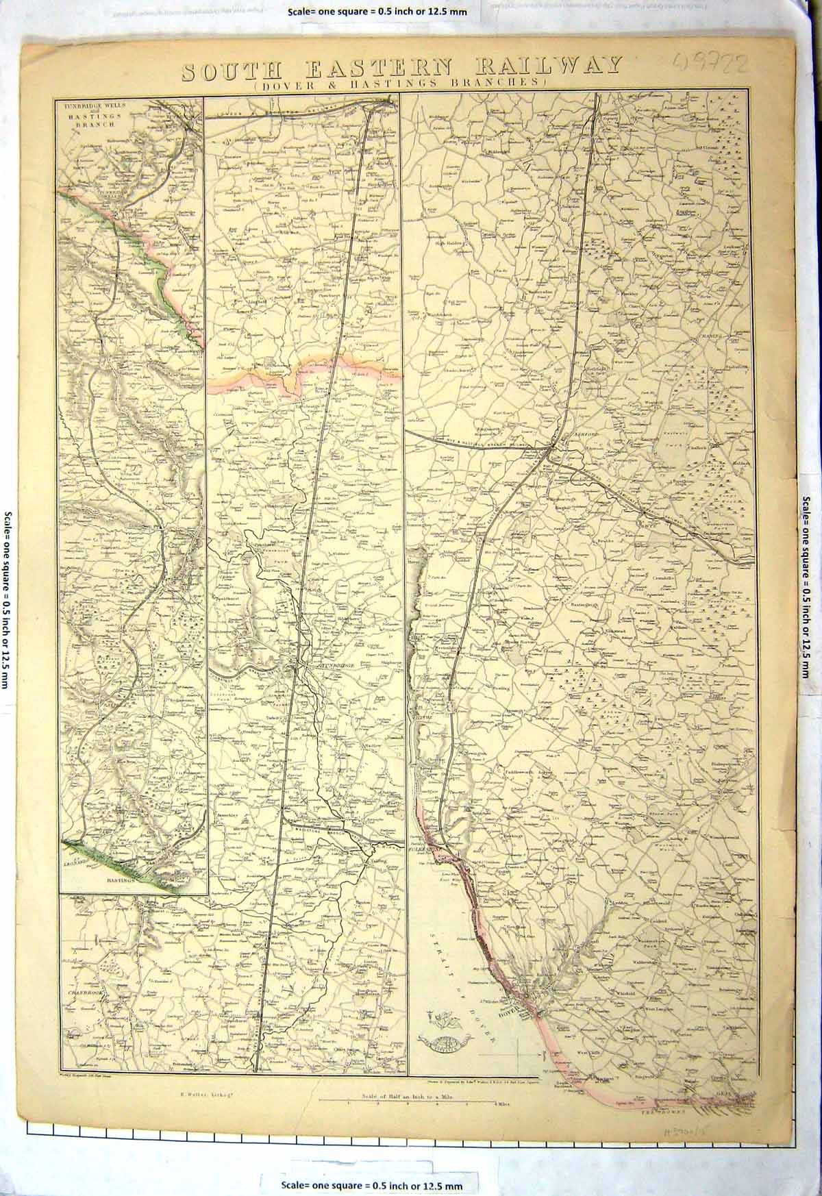 Antique Print Weller Map C1880 England South Eastern Railway Dover Hastings