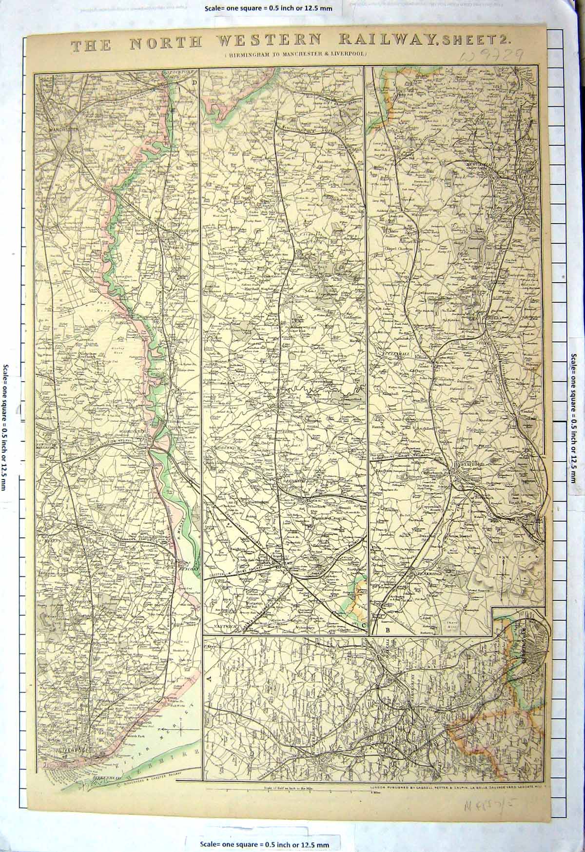 Old Print Map North Western Railway Birmigham Manchester Liverpool C1880 19th
