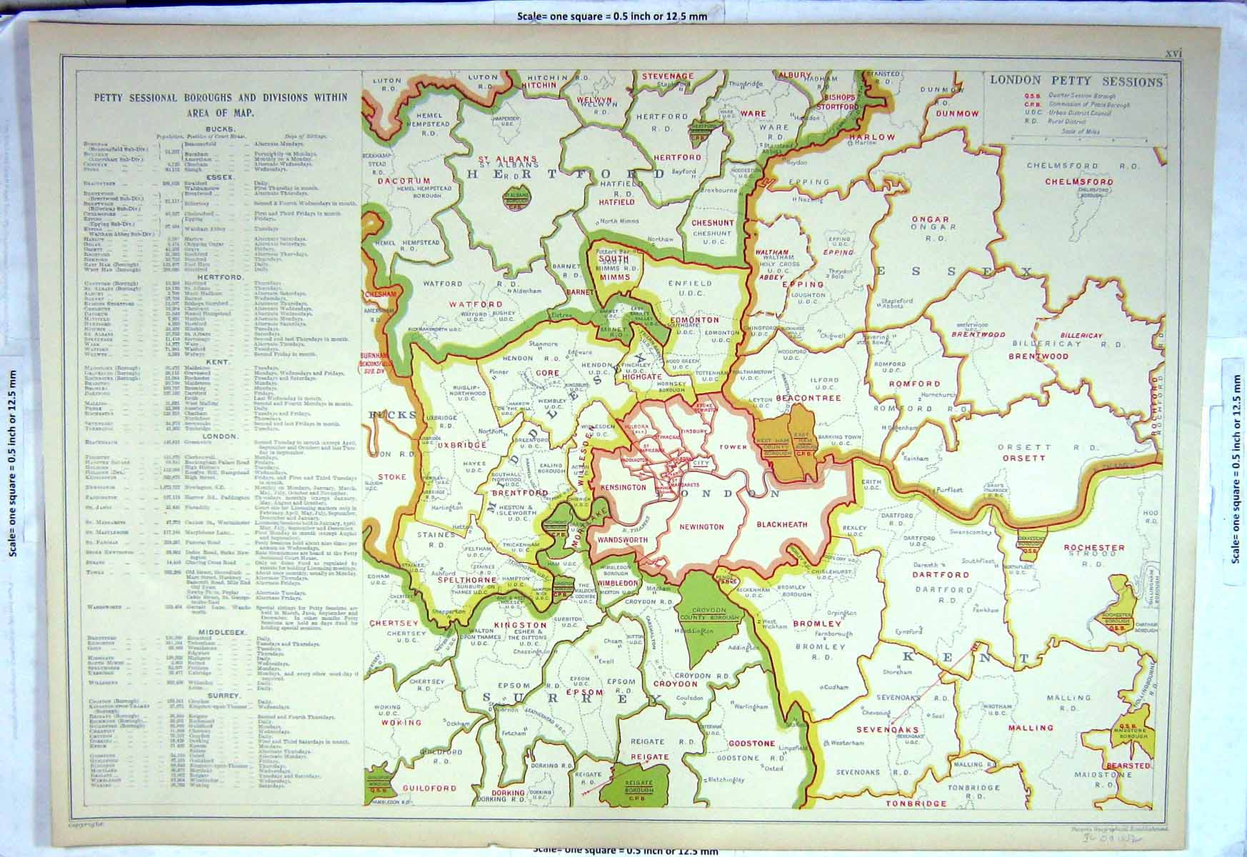 Old Print Map England Plan London Petty Sessions Kensington Bromley C1910 20th
