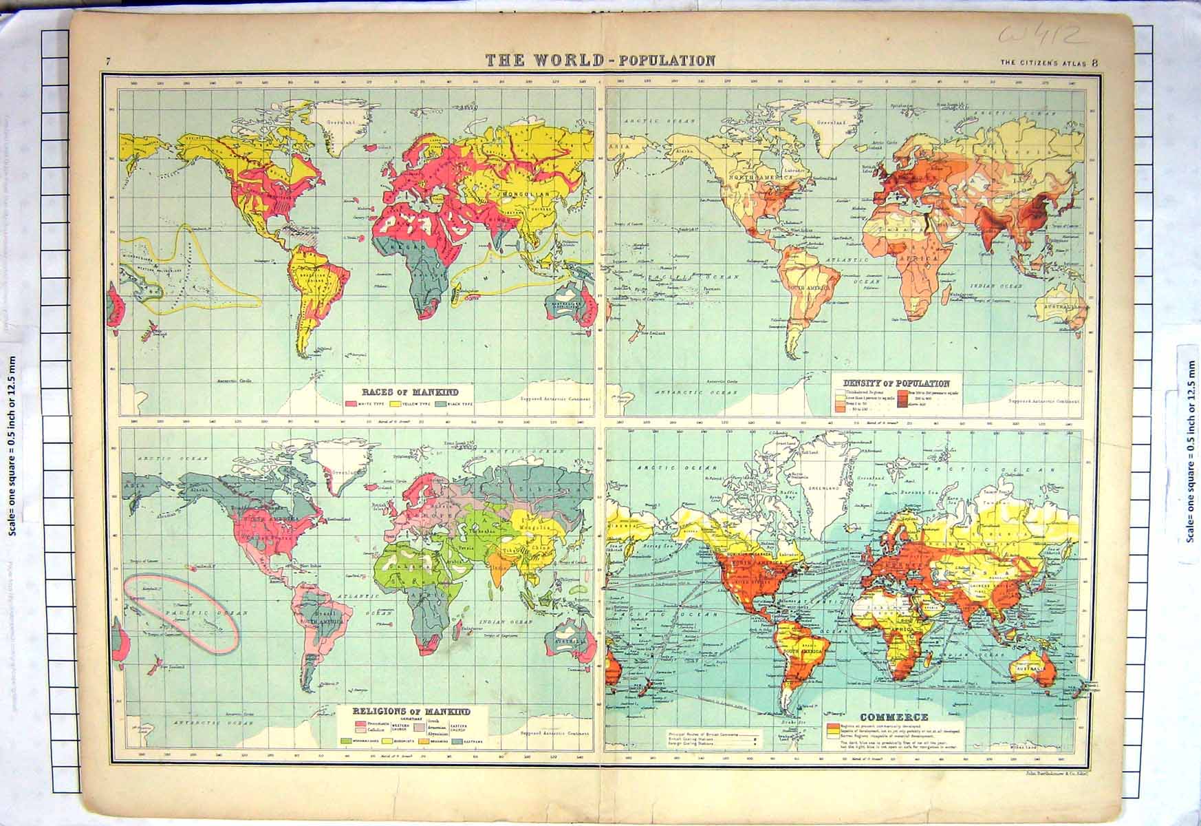 Original Old Antique Print Colour Map World Population Races Mankind Commerce