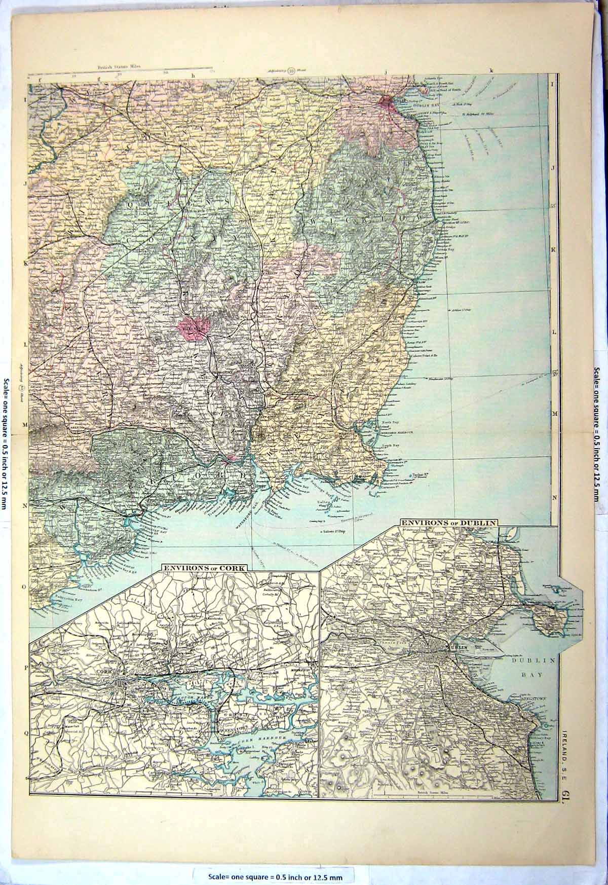 Old Print Map Ireland Environs Dublin Cork Waterford Dublin Wicklow C1892 19th