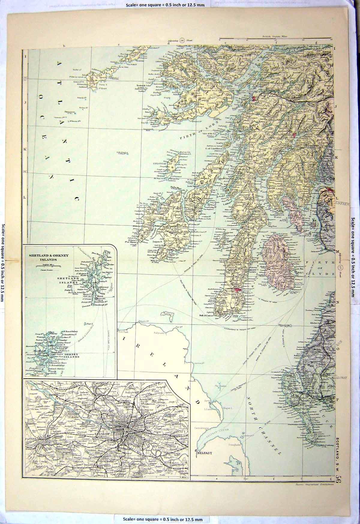 Old Print Map South West Scotland Shetland Orkney Glasgow Plan Clyde 1890 19th