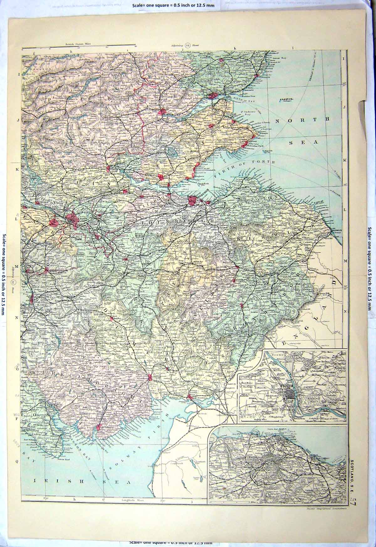 Antique Old Print Map South East Scotland Perth Edinburgh Firth Forth C1890