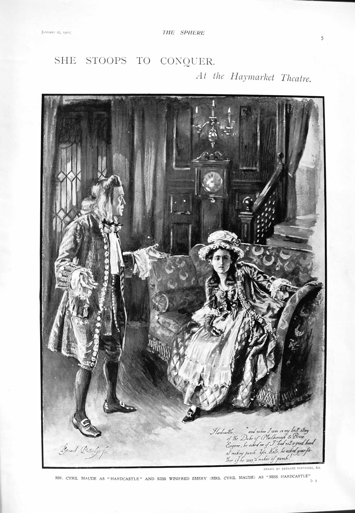 Original Old Antique Print 1900 Maude Haymarket Theatre Emery Ruskin Coniston