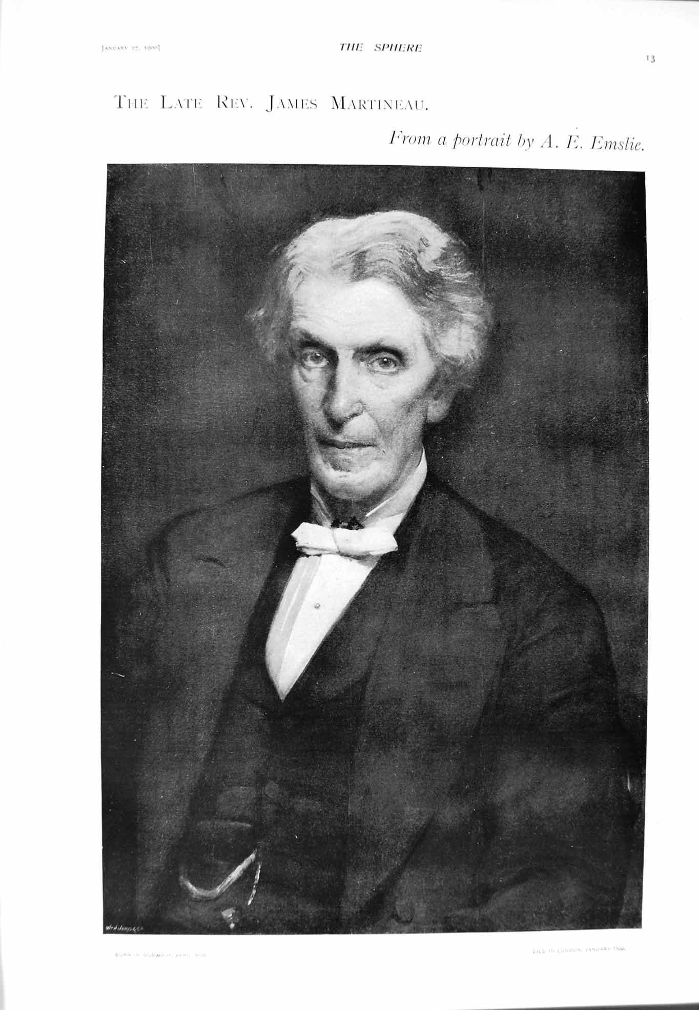 Original Old Antique Print 1900 Portrait Rev. James Martineau Norwich Victorian