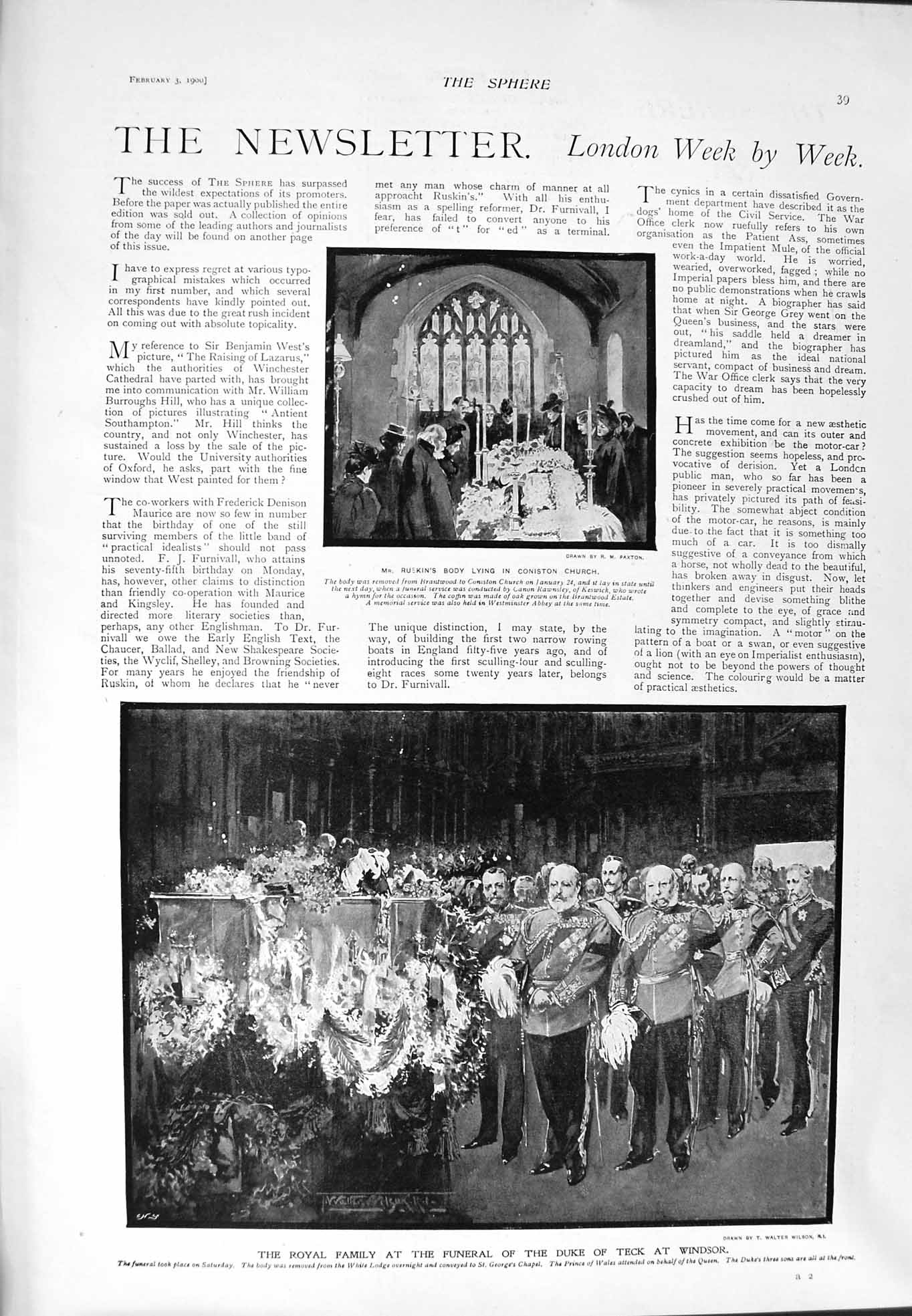 Old Antique Print 1900 Ruskin Coniston Church Funeral Teck Windsor Nash 20th