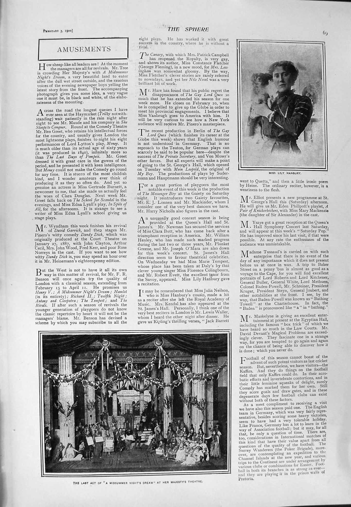 Original Old Antique Print 1900 Midsummer Night Dream Theatre Miss Lily Hanbury