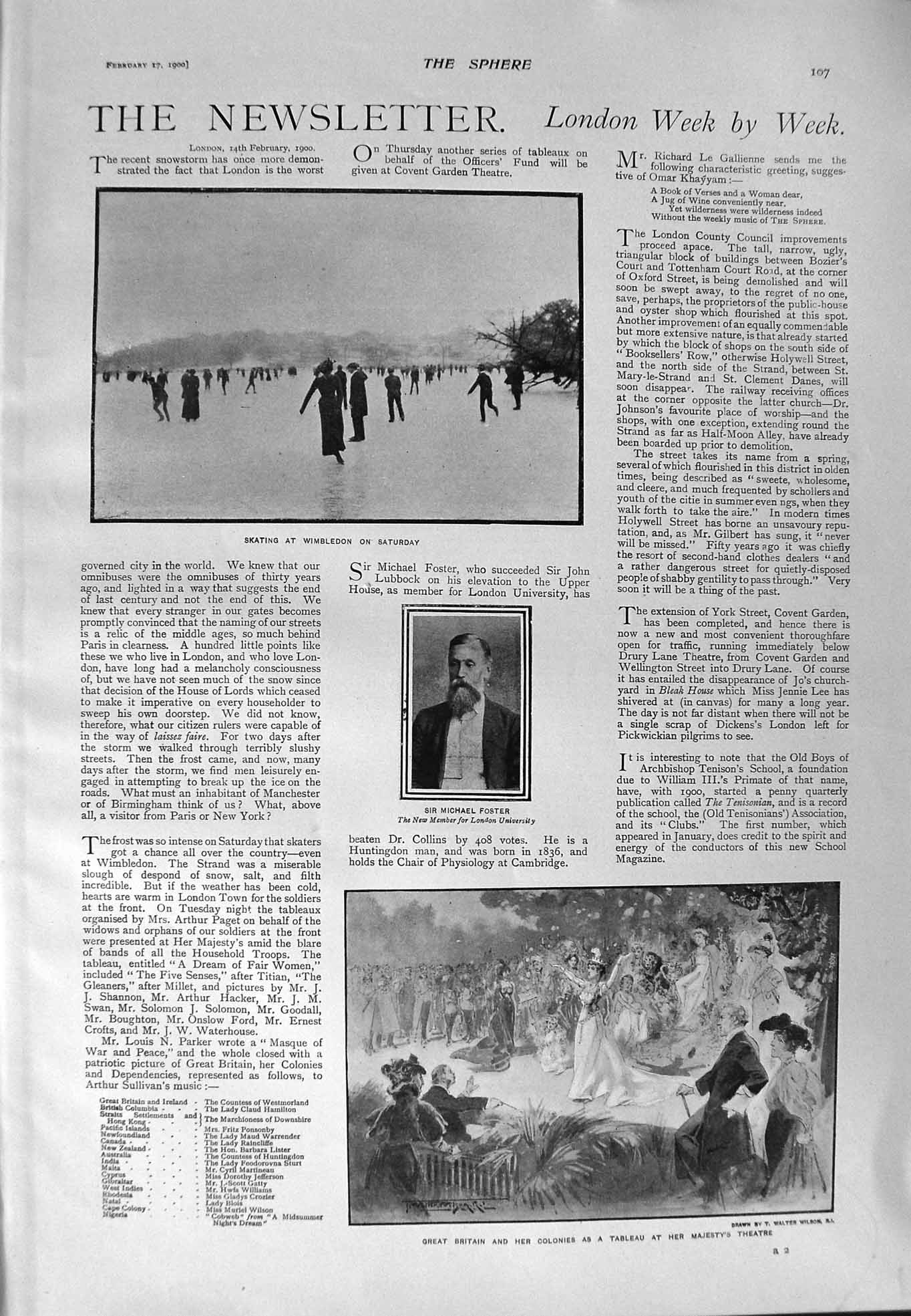Original Old Antique Print 1900 Ice Skating Wimbledon Michael Foster Theatre