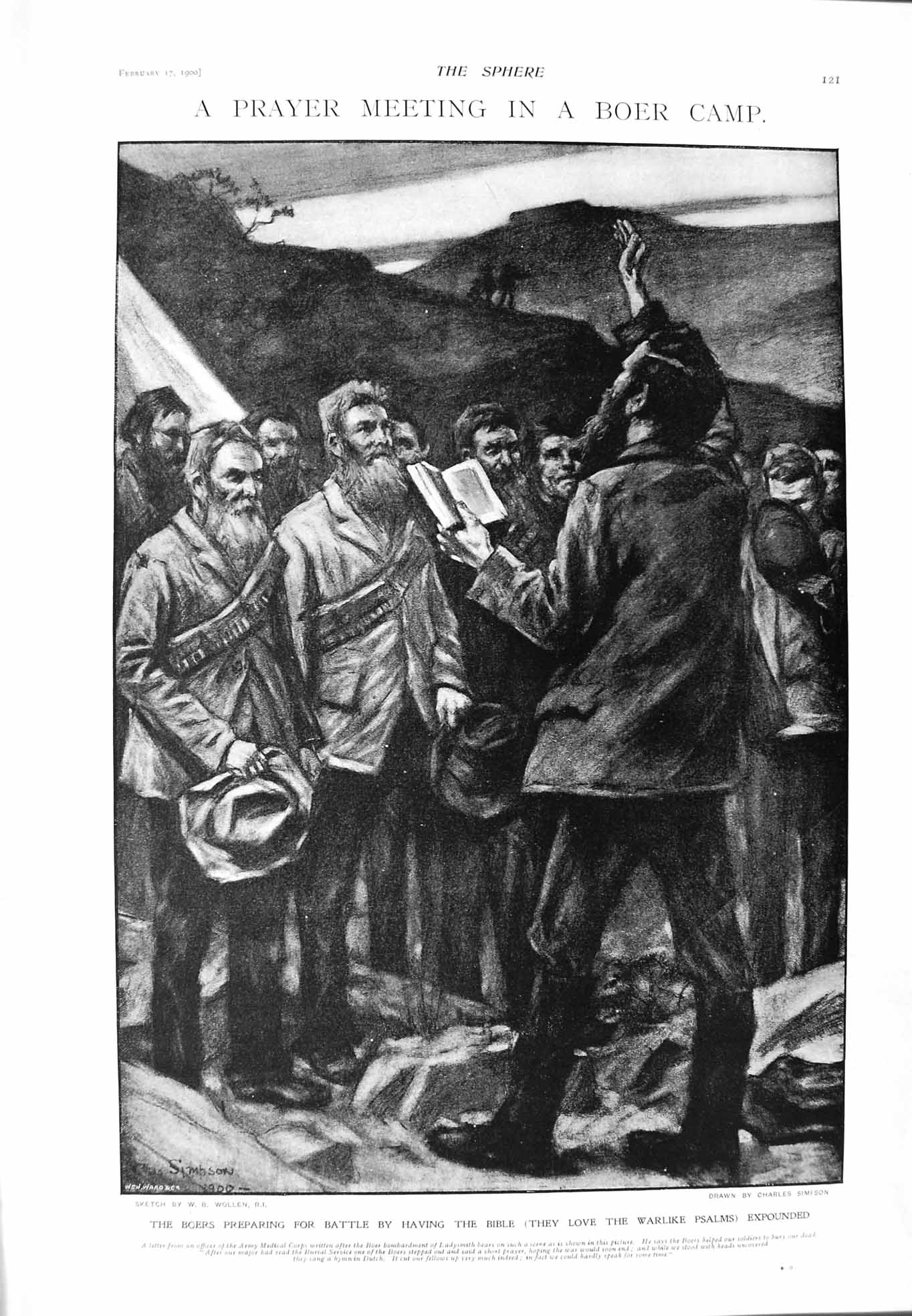 Original Old Antique Print 1900 Prayer Boer War Camp Johannesburg Cattle Trucks