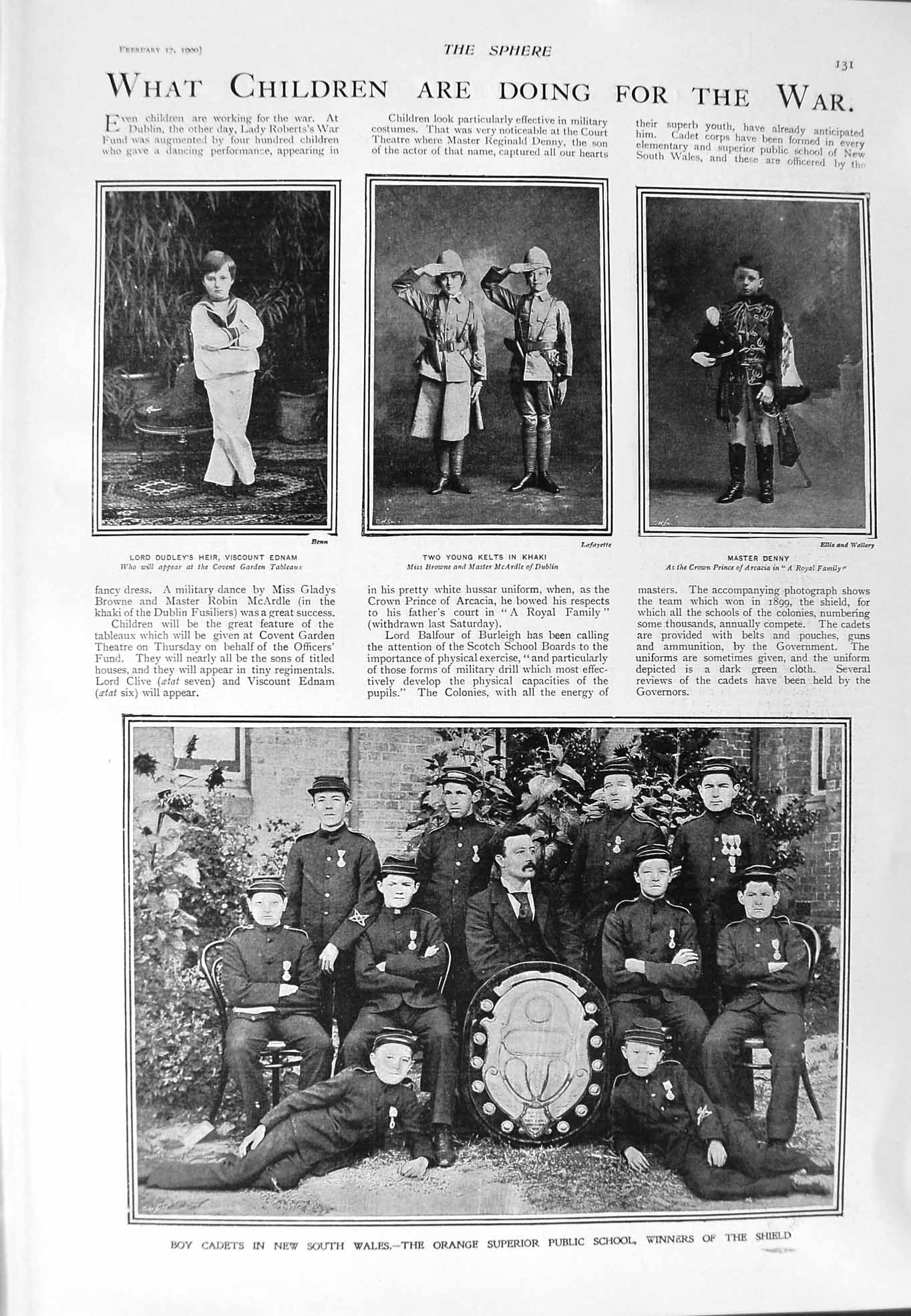 Old Antique Print 1900 War Children Ednam Boy Cadets Orange Fullerton Dog 20th