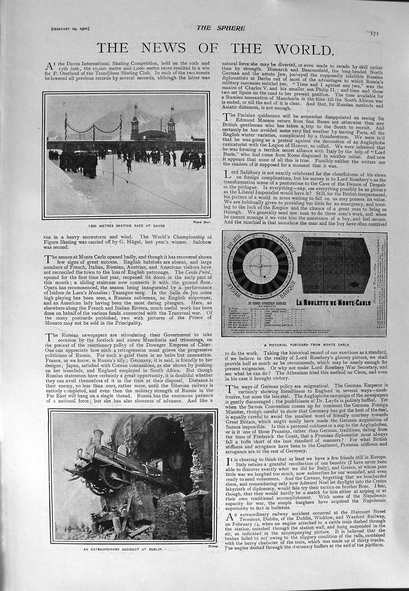 Original Old Antique Print 1900 Ice Skating Davos Dublin Monte Carlo Clara Butt
