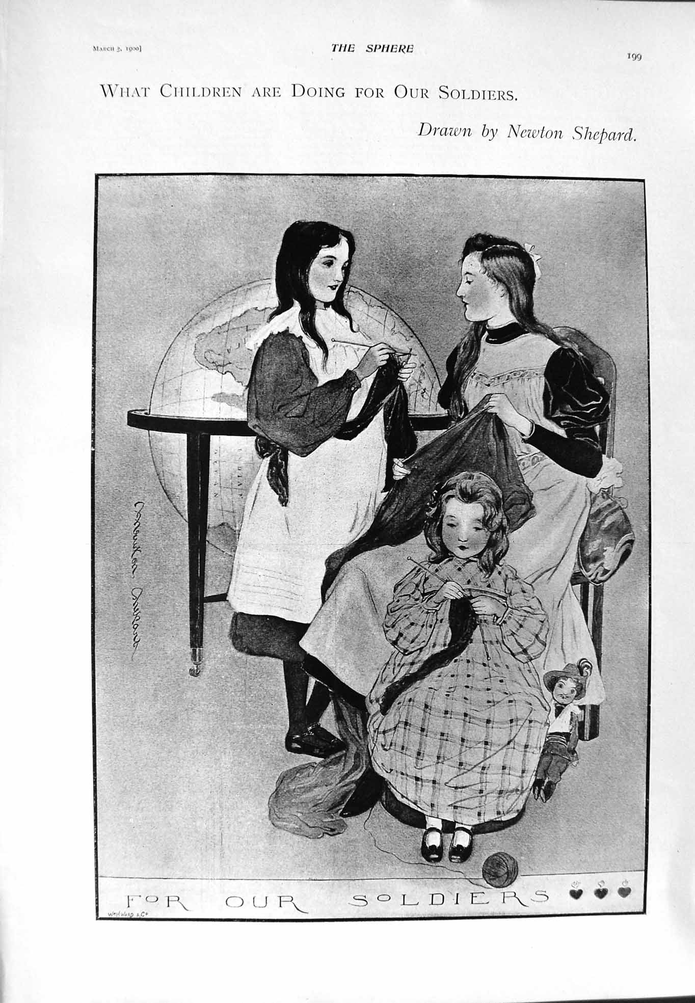 Original Old Antique Print 1900 Children Knitting Siers Milman Jenkinson Clerk