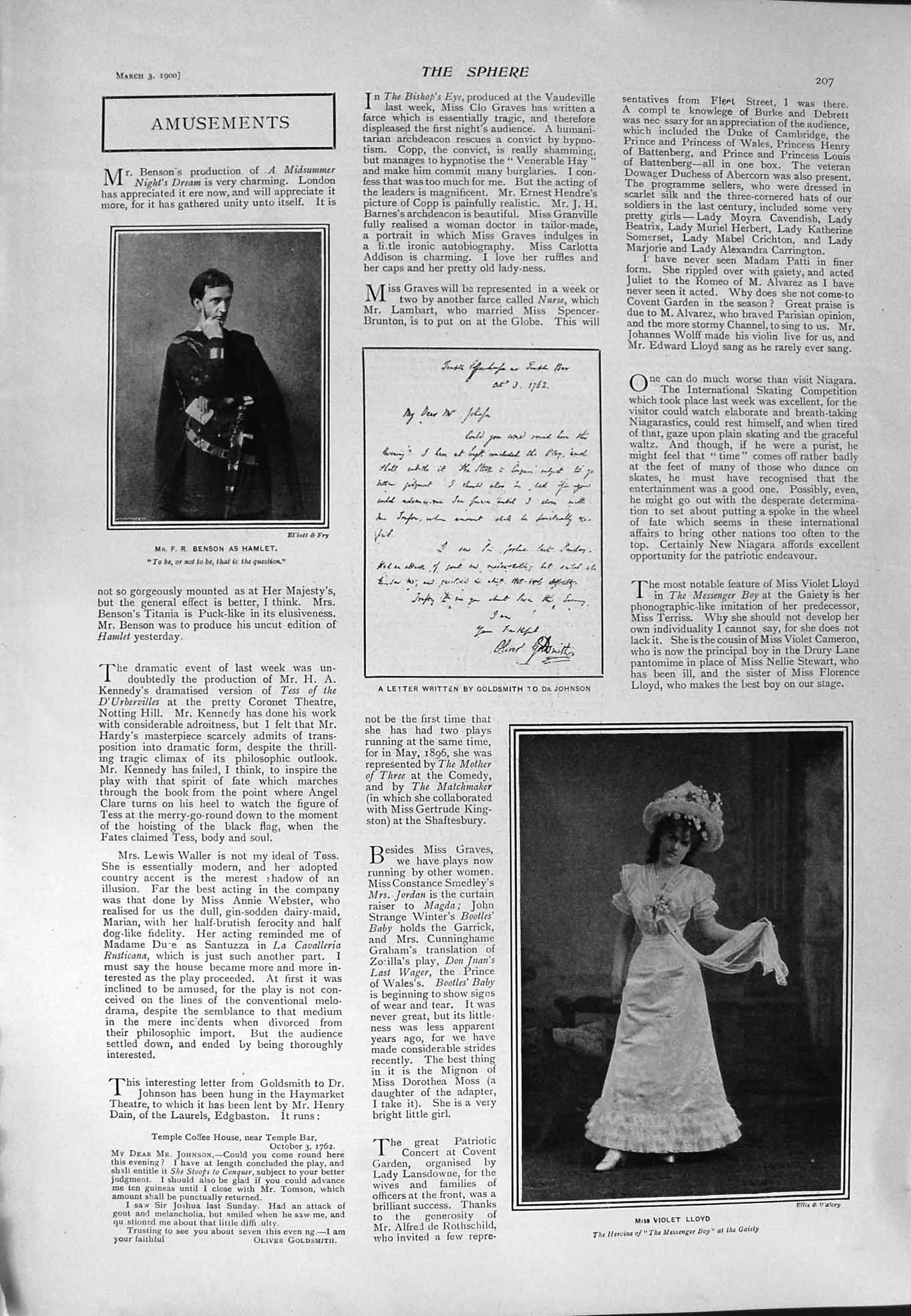 Old Antique Print 1900 Portrait Violet Lloyd Benson Hamlet Theatre Gaiety 20th