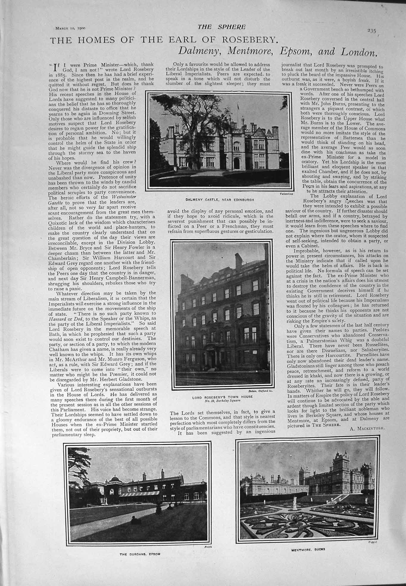 Original Old Antique Print 1900 Dalmeny Castle Lord Rosebery Mentmore Miss Parr