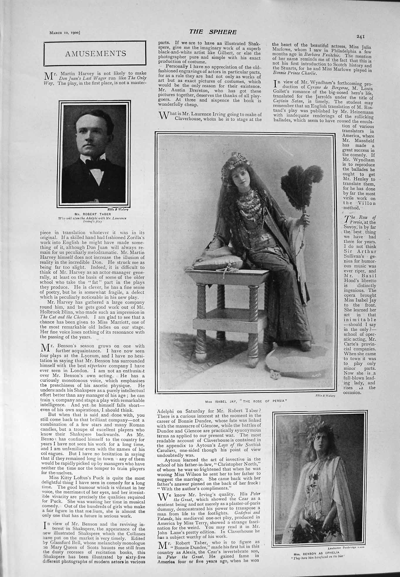 Original Old Antique Print 1900 Robert Taber Jay Benson Theatre Womans Fashion