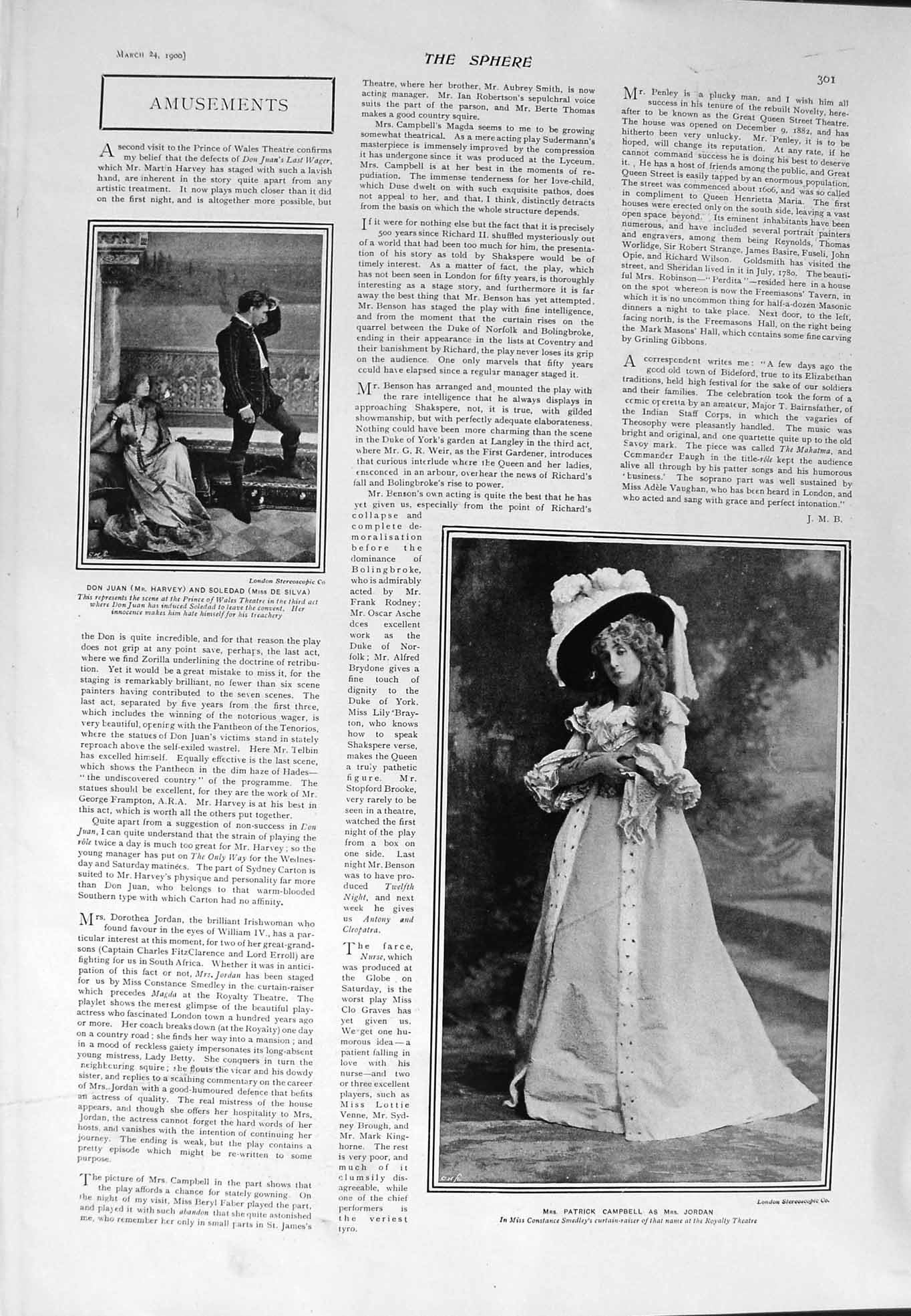 Original Old Antique Print 1900 Mrs Petrick Campbell Jordan Theatre Juan Symons