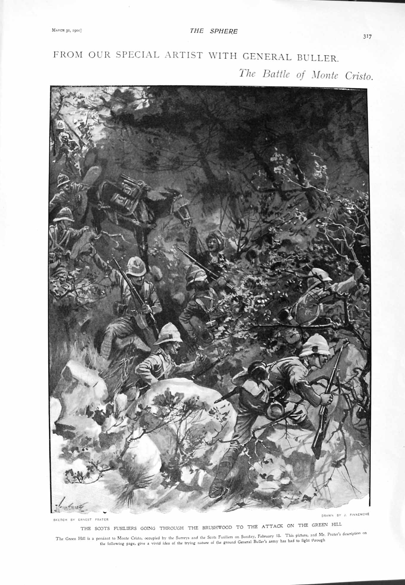Old Antique Print 1900 Battle Monte Cristo Scots Fusiliers Green Map War 20th