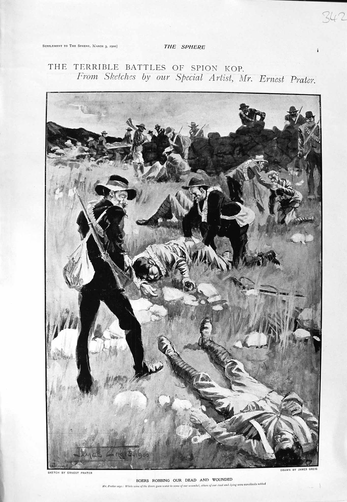 Original Old Antique Print 1900 Spion Kop Boers Siers War Natal Police 20th