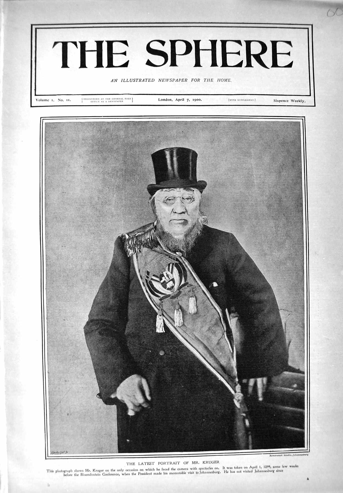 Original Old Antique Print 1900 Portrait Mr. Kruger Bloemfontein Africa 20th