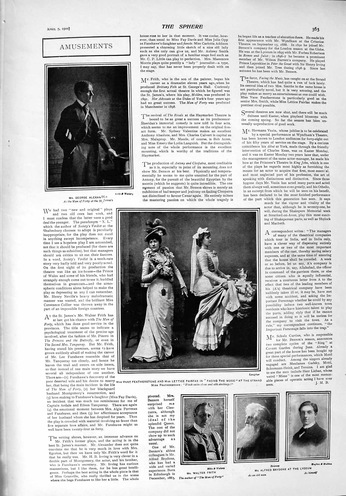 Old Antique Print 1900 Alexander Featherstone Theatre Fairfax Scott War 20th