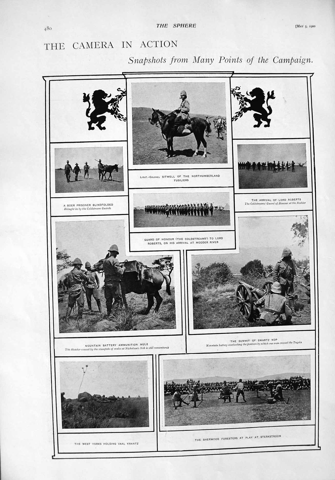 Original Old Antique Print 1900 Sitwell Lord Roberts Swartz Kop War Rock Sirens