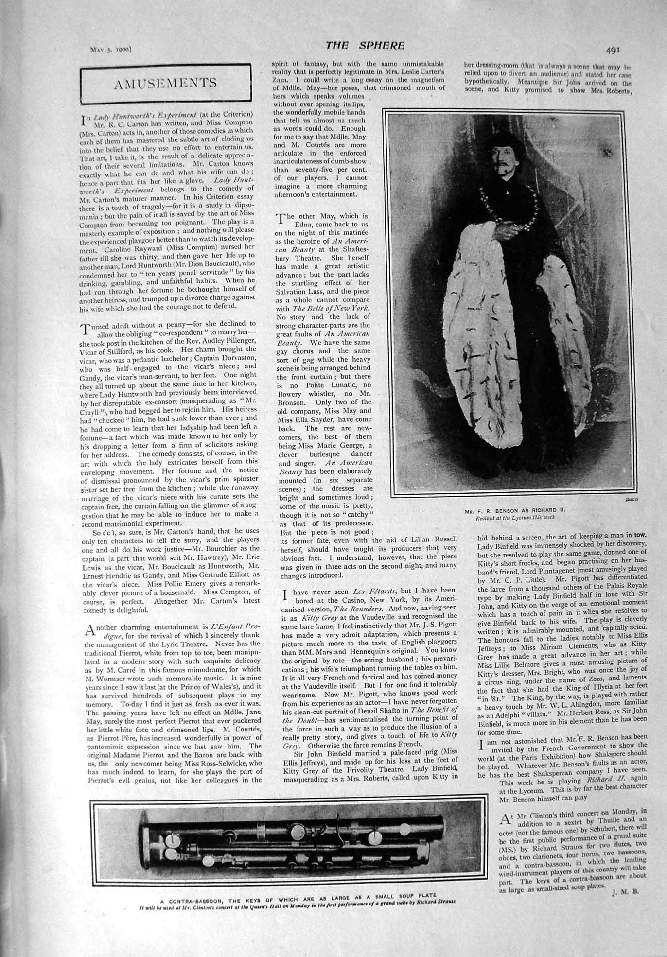 Old Antique Print 1900 Benson Theatre Contra-Bassoon Clinton Queen'S Hall 20th