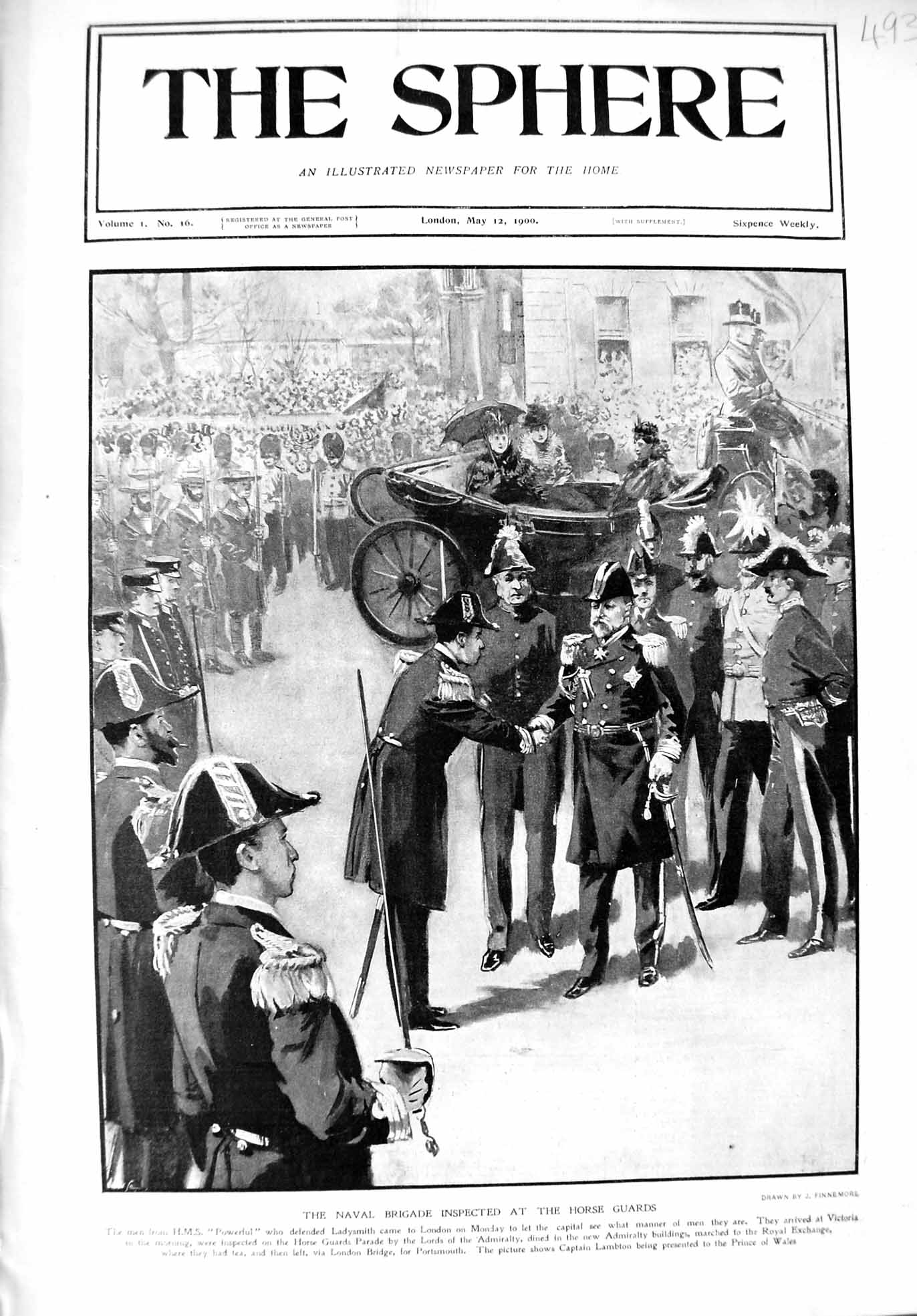 Old Antique Print 1900 Naval Brigade Horse Guards Captain Lambton Wales 20th