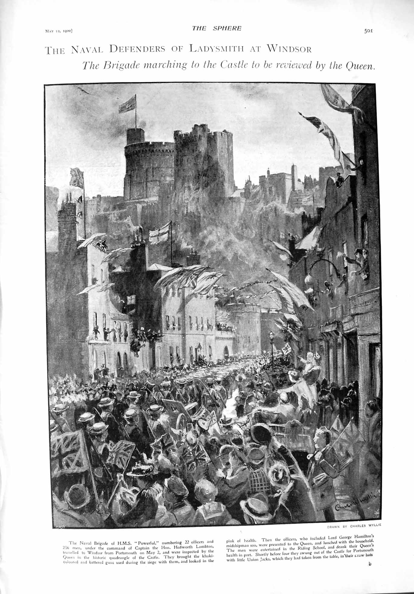 Original Old Antique Print 1900 Windsor Castle Naval Brigade Prince Sweden Carl