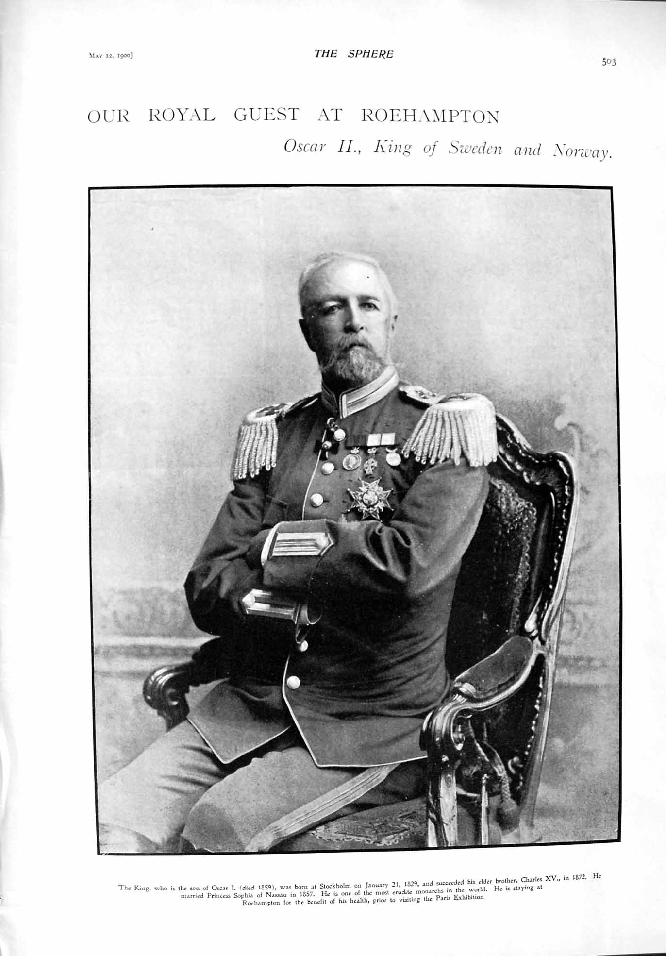 Original Old Antique Print 1900 Portrait King Oscar Sweden Norway Milner Kruger