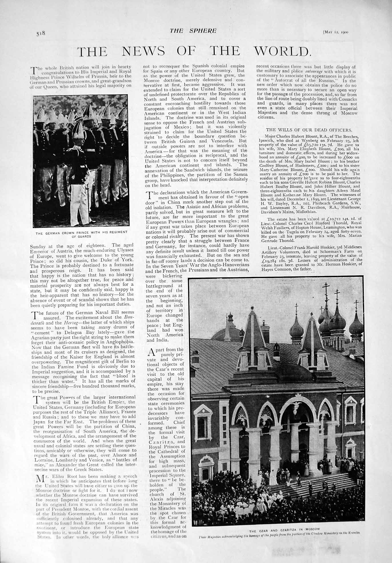Original Old Antique Print 1900 German Prince Czar Kremlin Moscow Theatre Payne