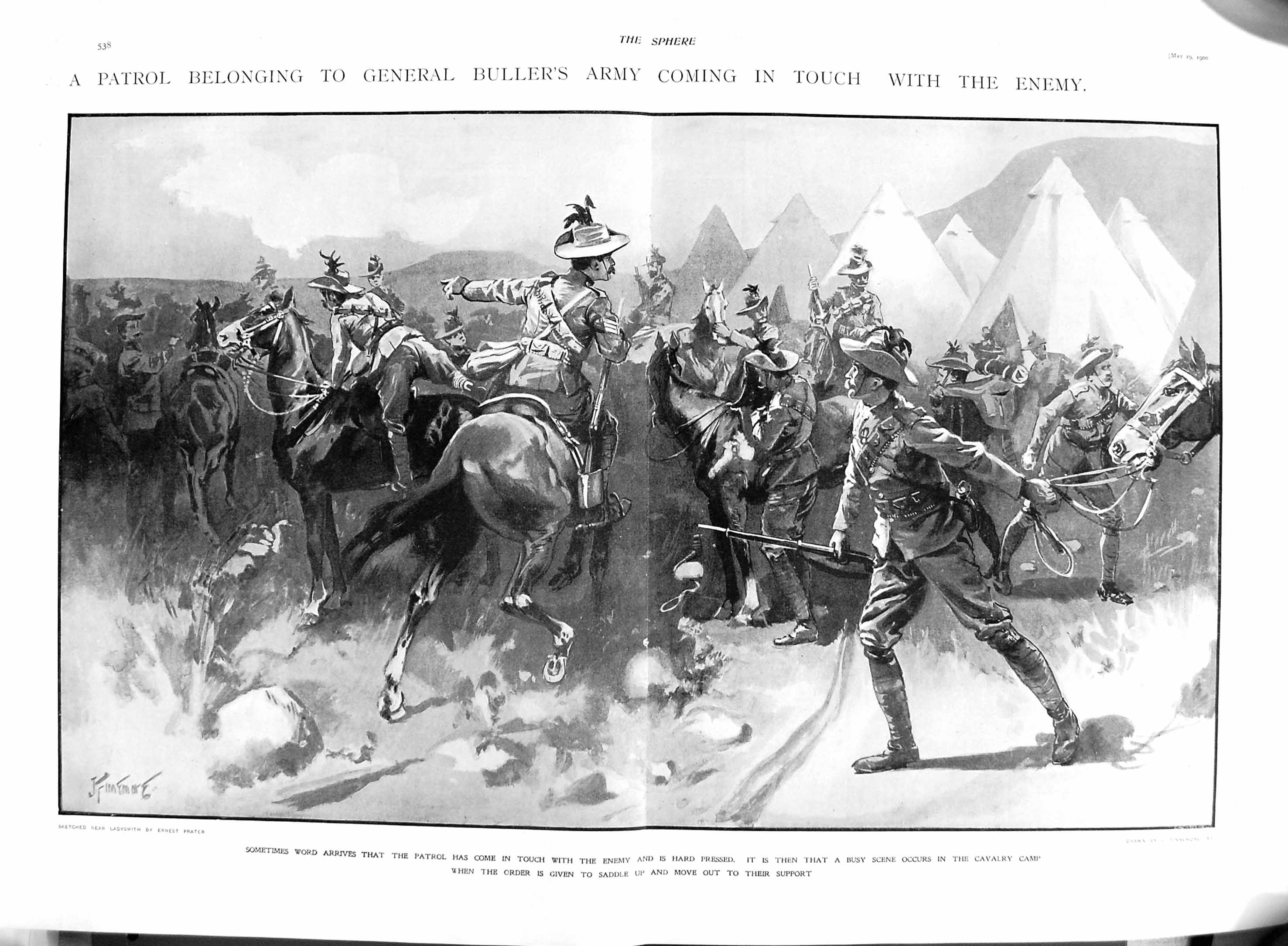 Original Old Antique Print 1900 General Bullers Patrol Cavalry Camp War Smuts