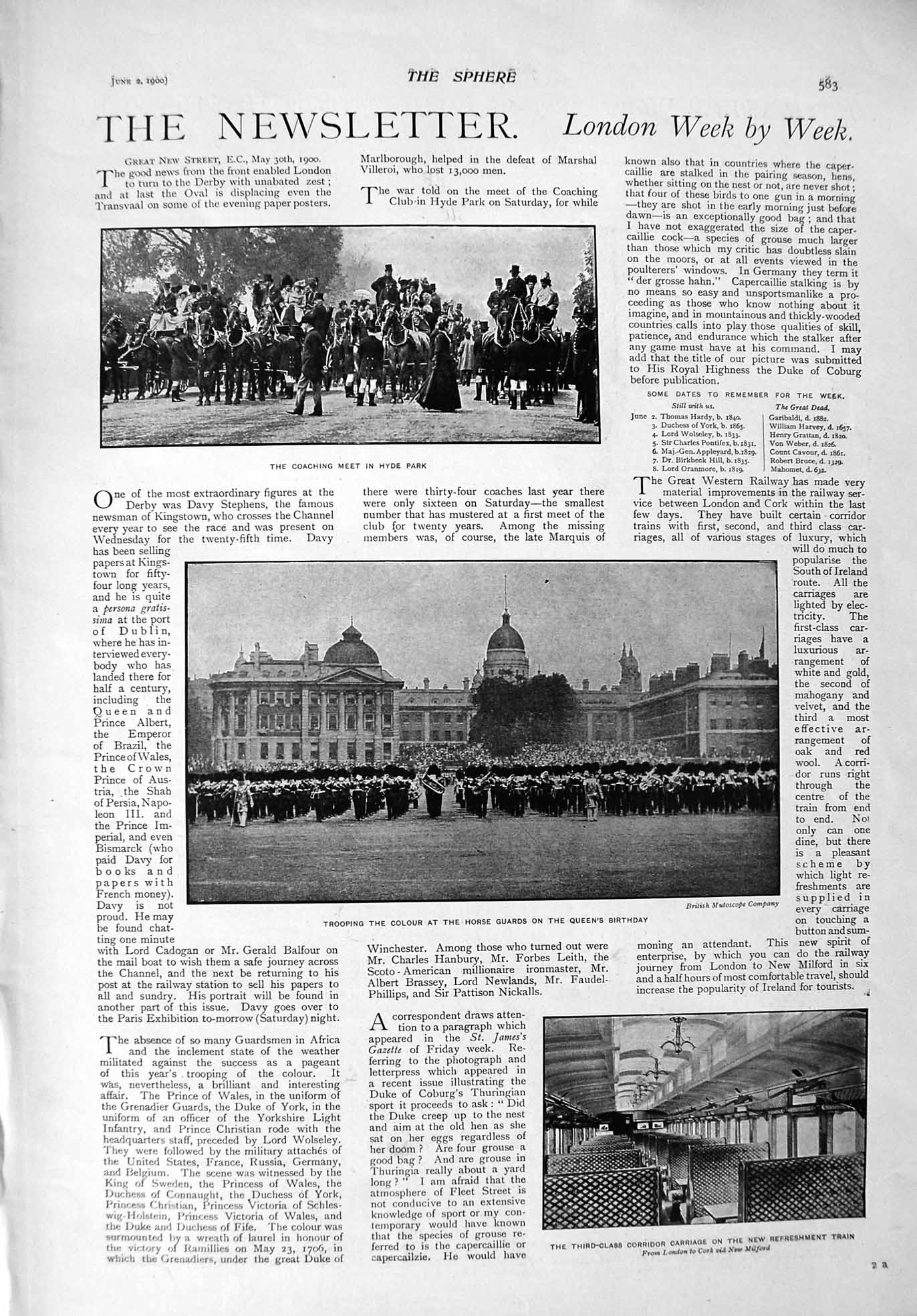 Old Antique Print 1900 Hyde Park Troopin Colour Train Guildhall Newport 20th