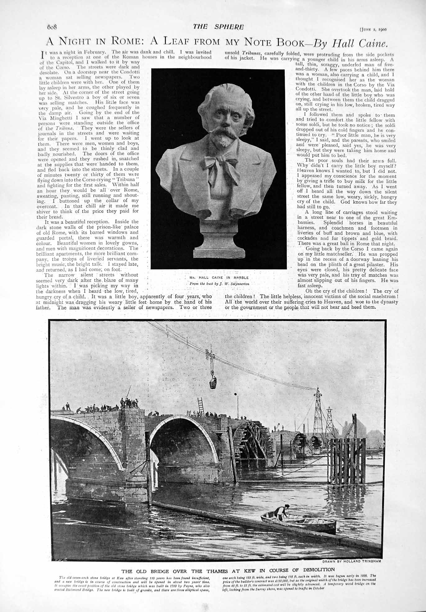 Old Antique Print 1900 Bust Hall Caine Demolition Bridge Kew River Thames 20th