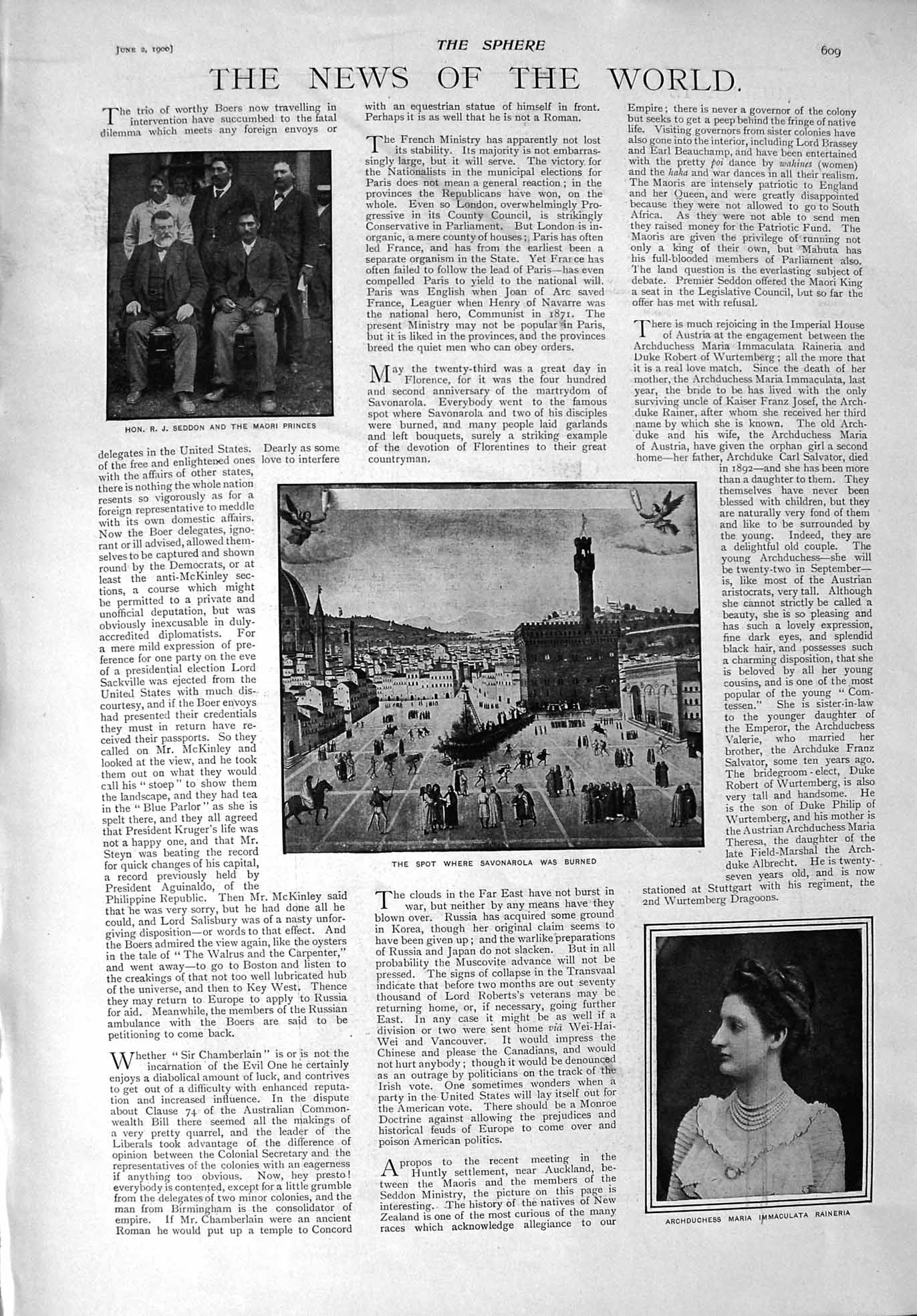 Original Old Antique Print 1900 Seddon Savonarola Raineria Roxane Moore Theatre