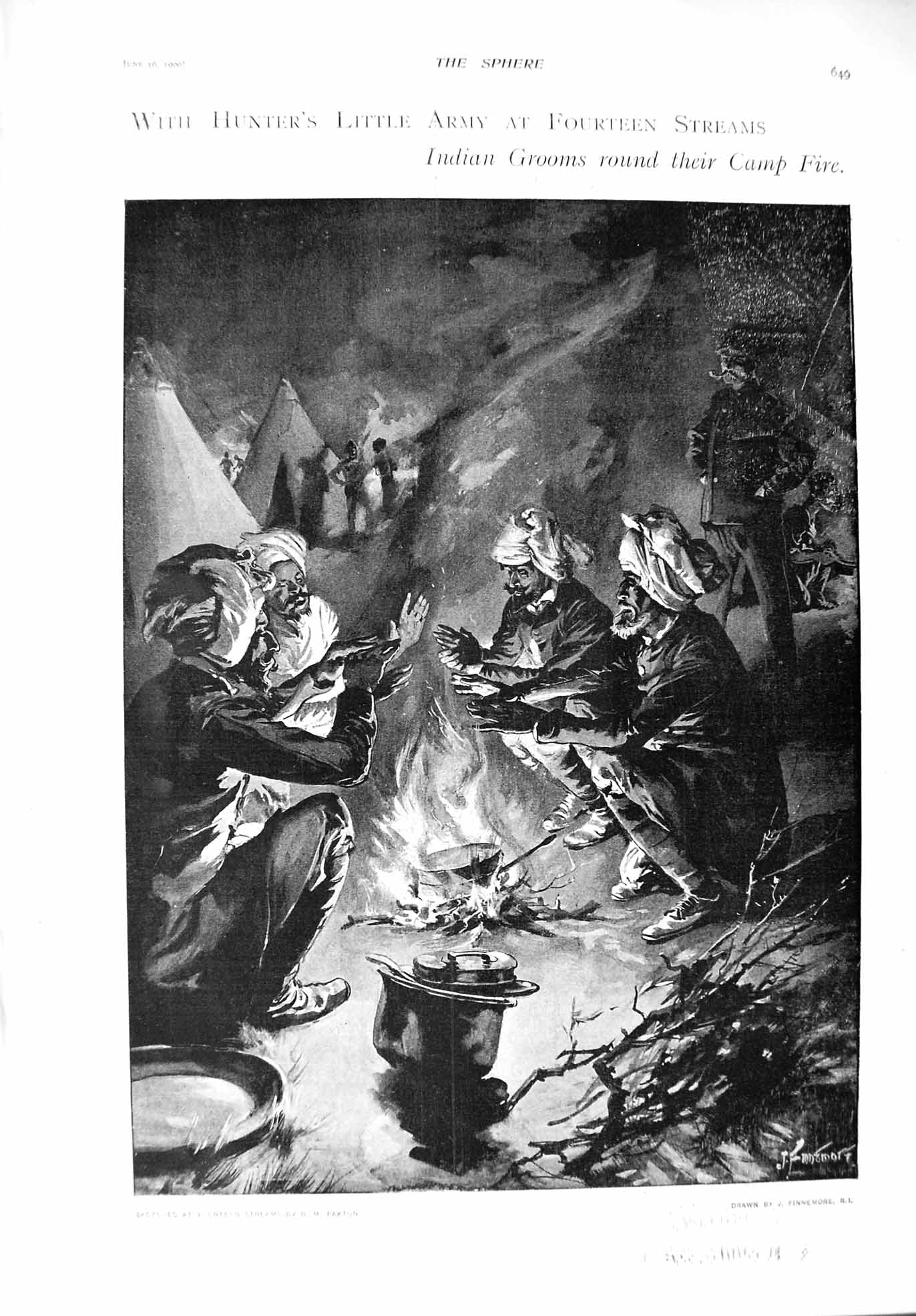 Old Antique Print 1900 Indian Grooms Camp Fire Ship Saxon Hotel Lowestoft 20th