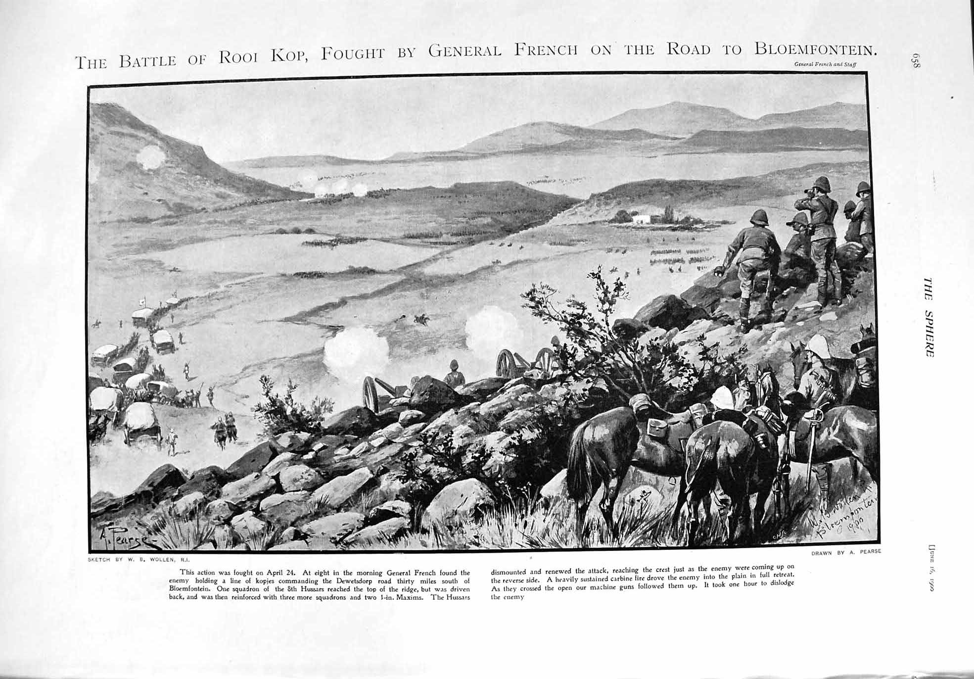 Original Old Antique Print 1900 Battle Rooi Kop French Bloemfontein Ship Guelph