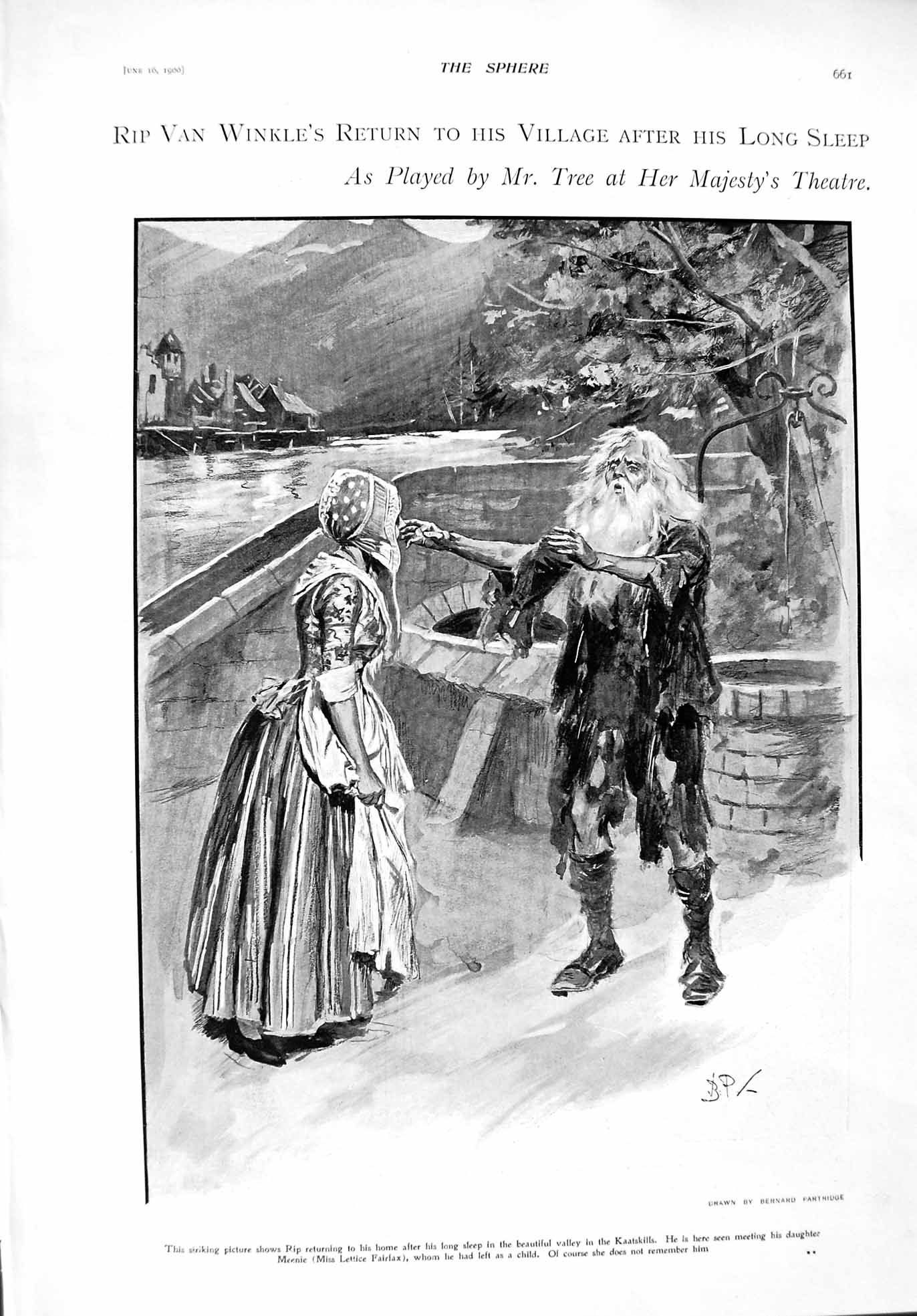 Old Antique Print 1900 Rip Van Winkle Kaatskills Theatre Moyra Brodrick 20th