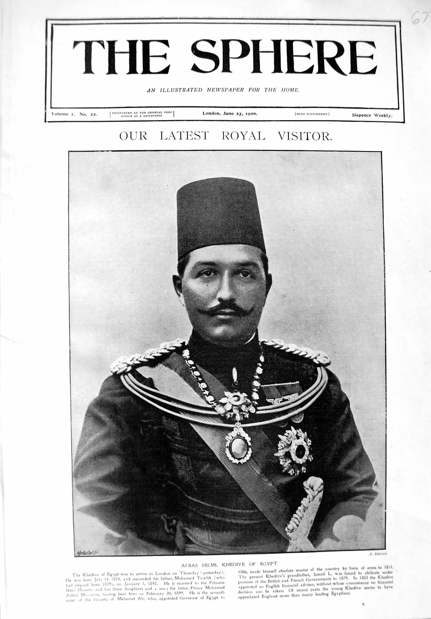 Old Antique Print 1900 Portrait Abbas Hilmi Khedive Egypt Royal Visitor 20th
