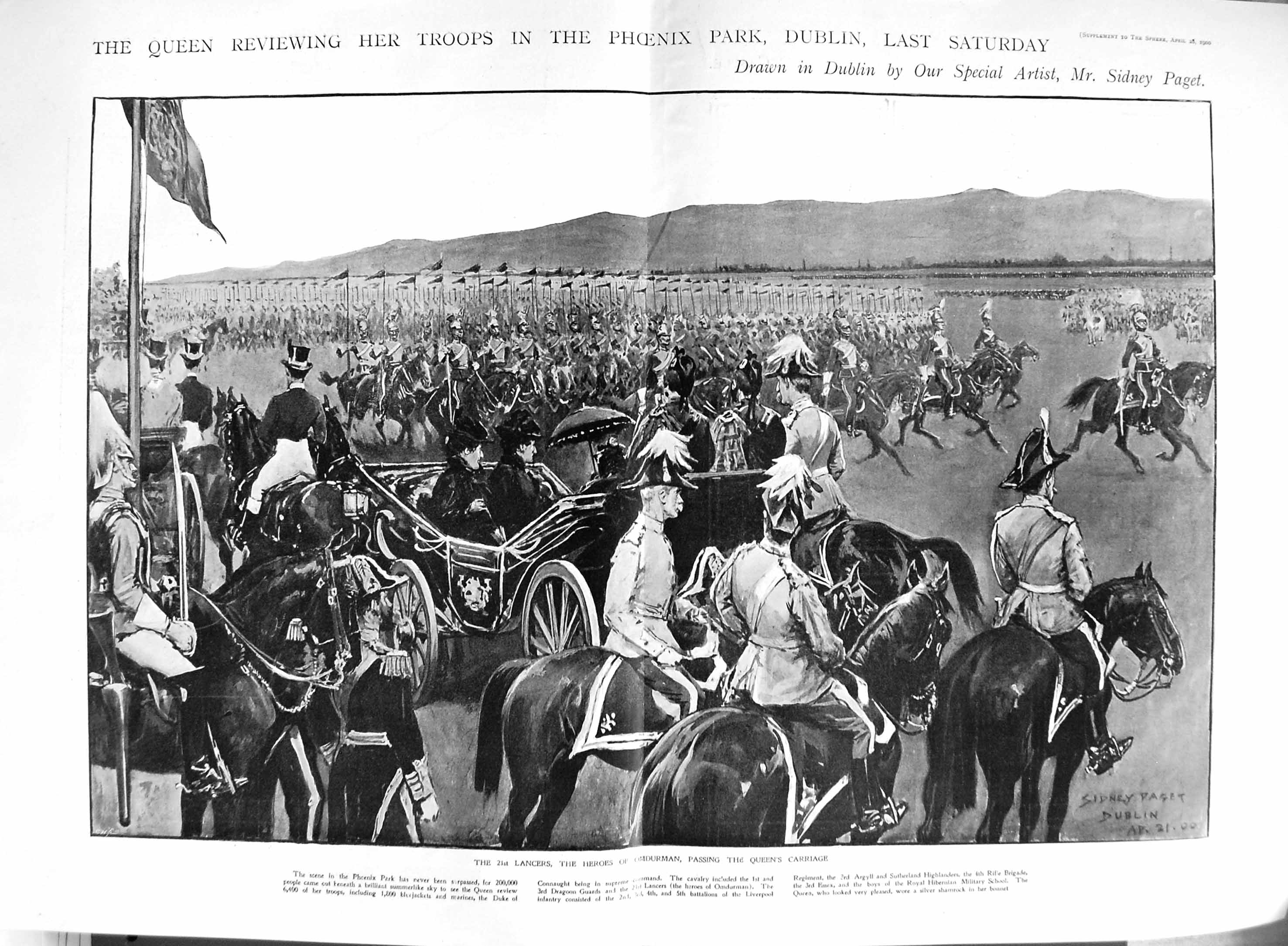 Antique Old Print 1900 Queen Victoria Phoenix Park Dublin Ireland Lancers 20th