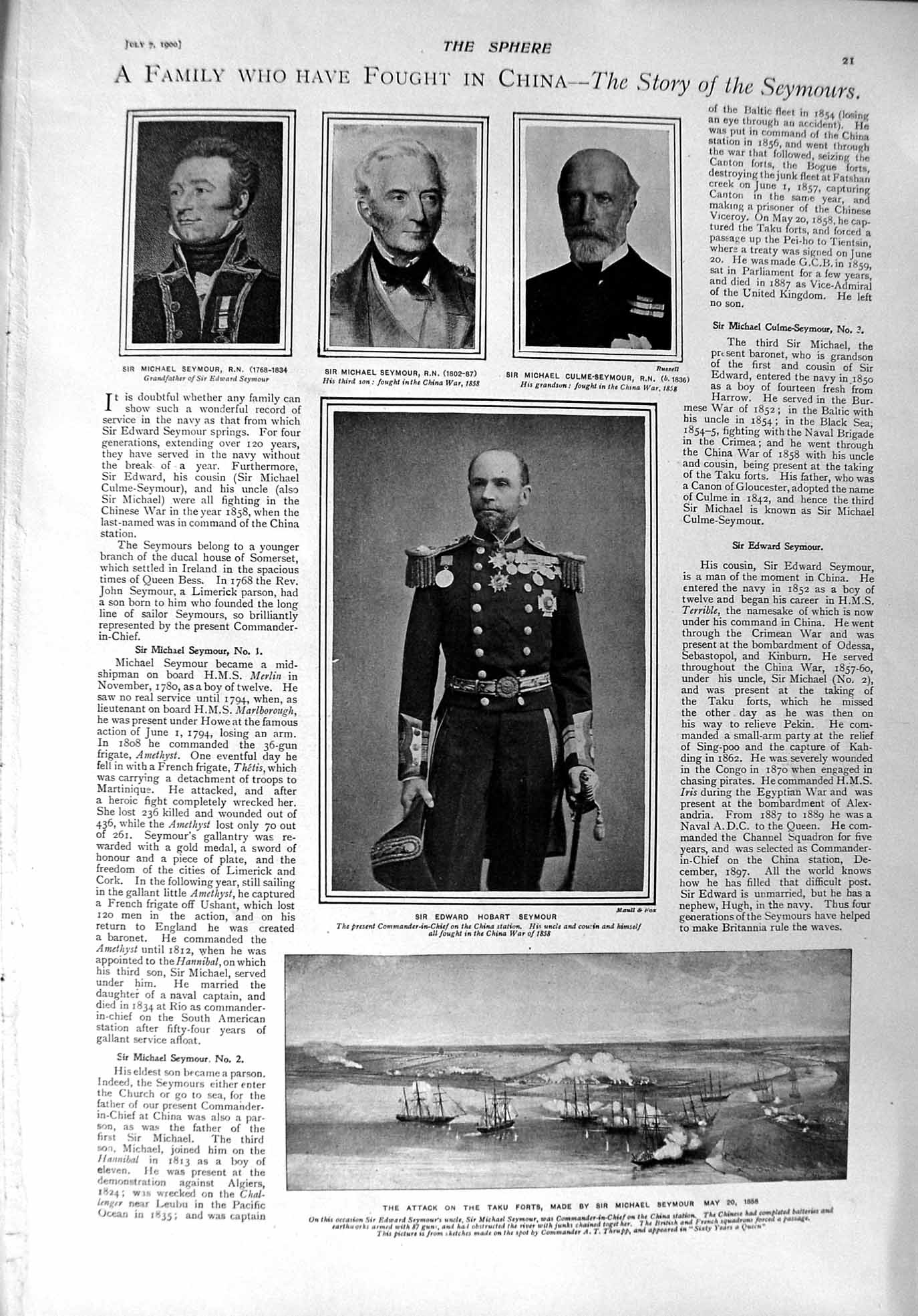 Original Old Antique Print 1900 Seymour Taku Forts Ships War Newgate Prison